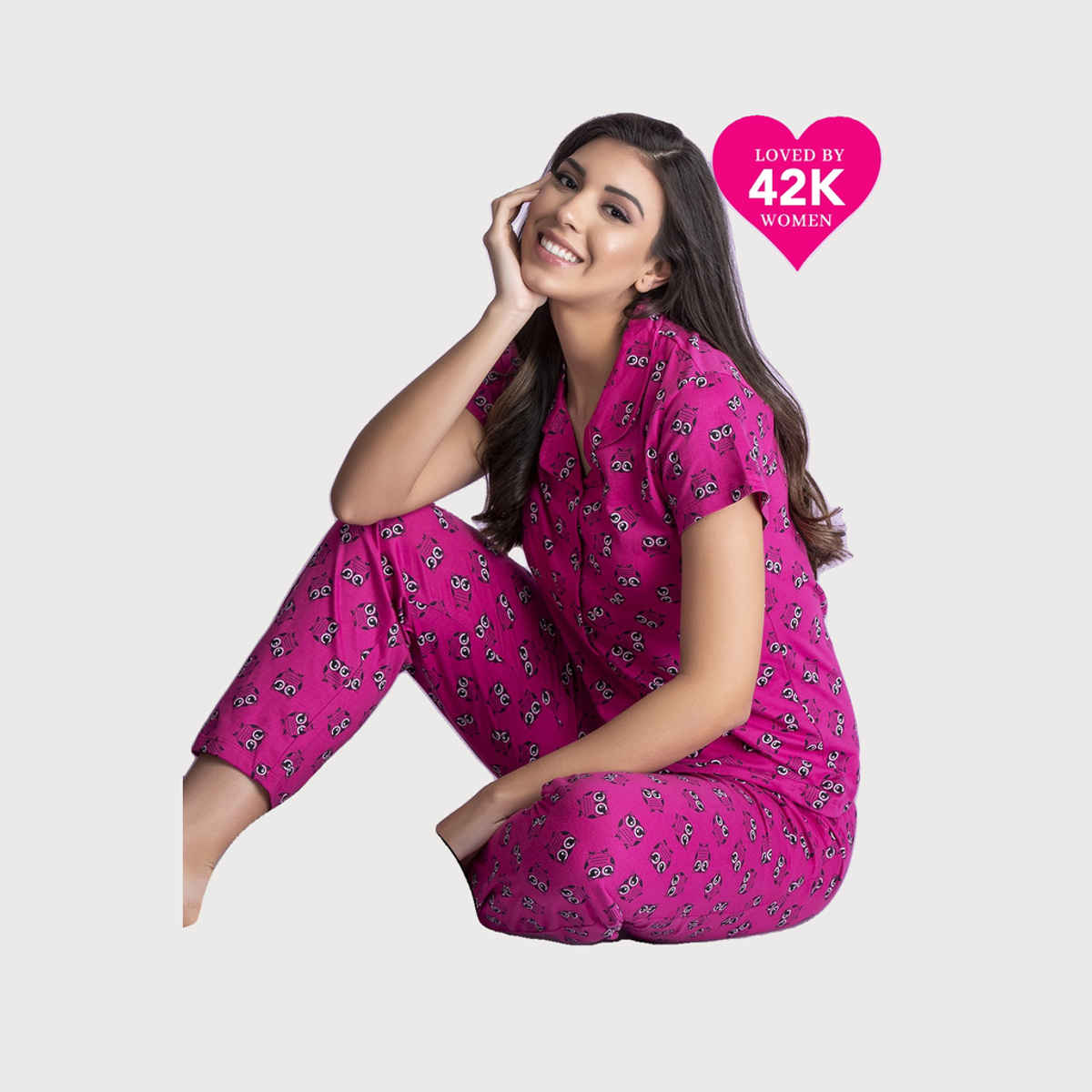 Clovia Owl Print Button Down Shirt & Pyjama Set - Cotton Rich | Magenta | L