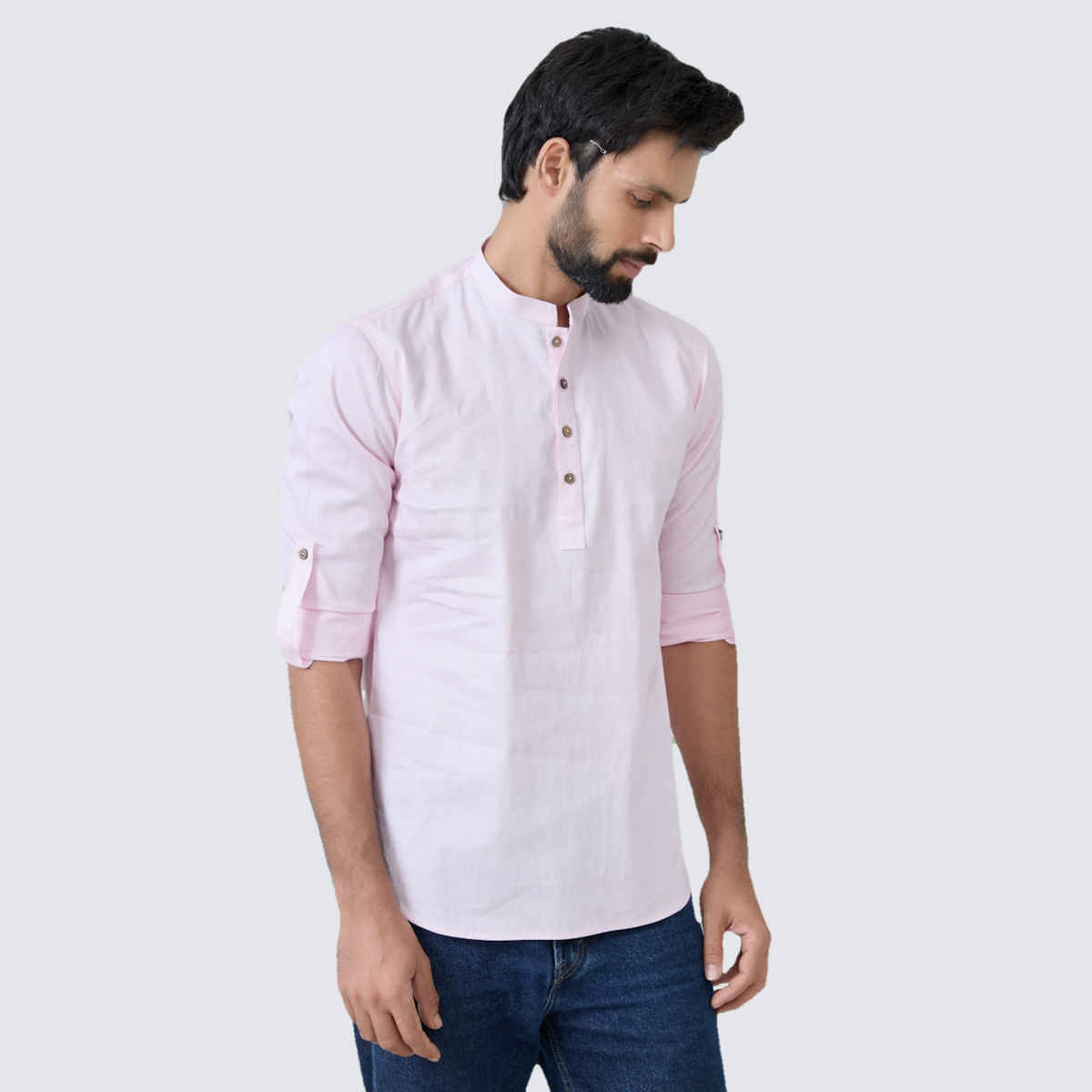 See Designs Men's Solid Cotton Short Kurta | Pink - L