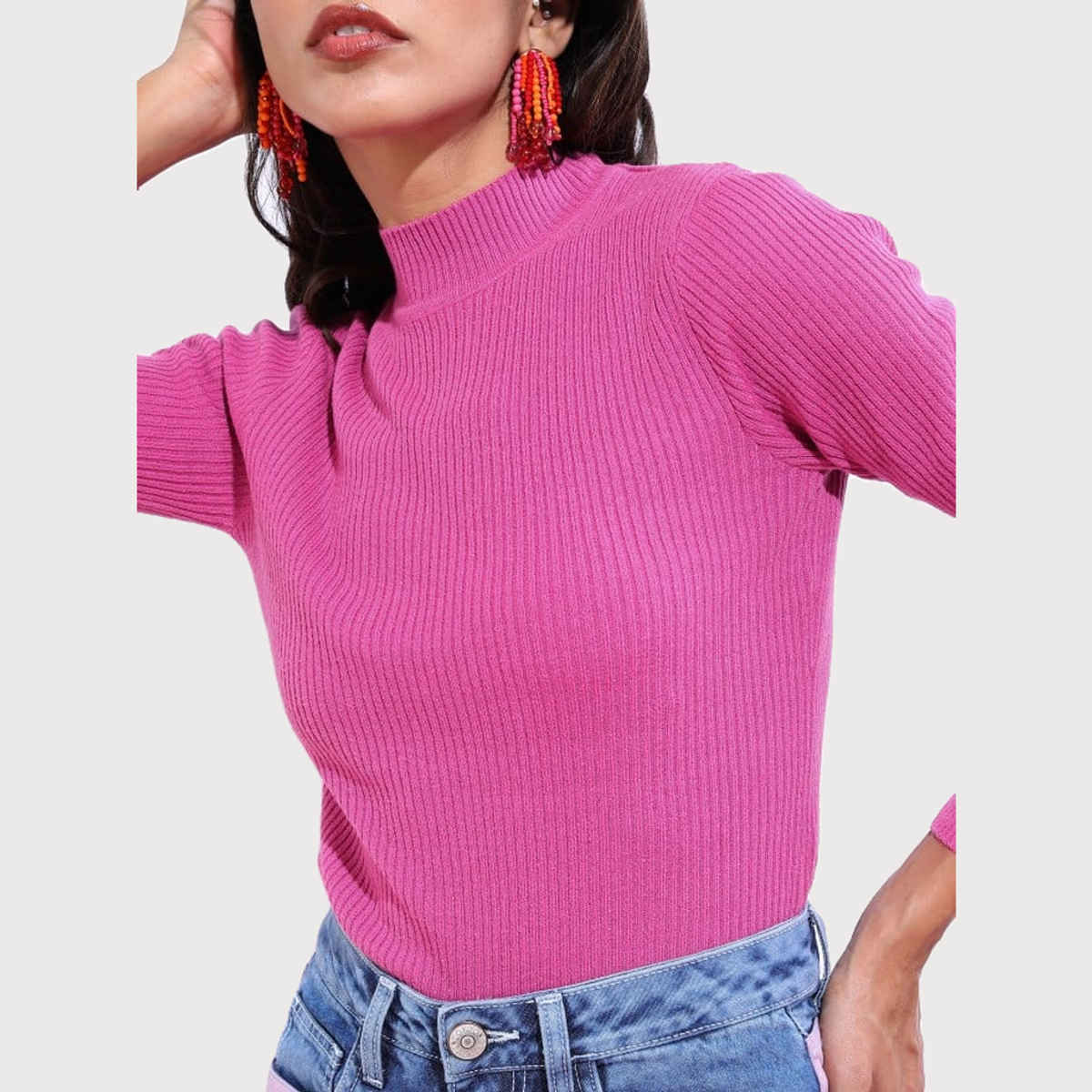 Ketch Women High Neck Long Sleeve Sweater | Pink | M