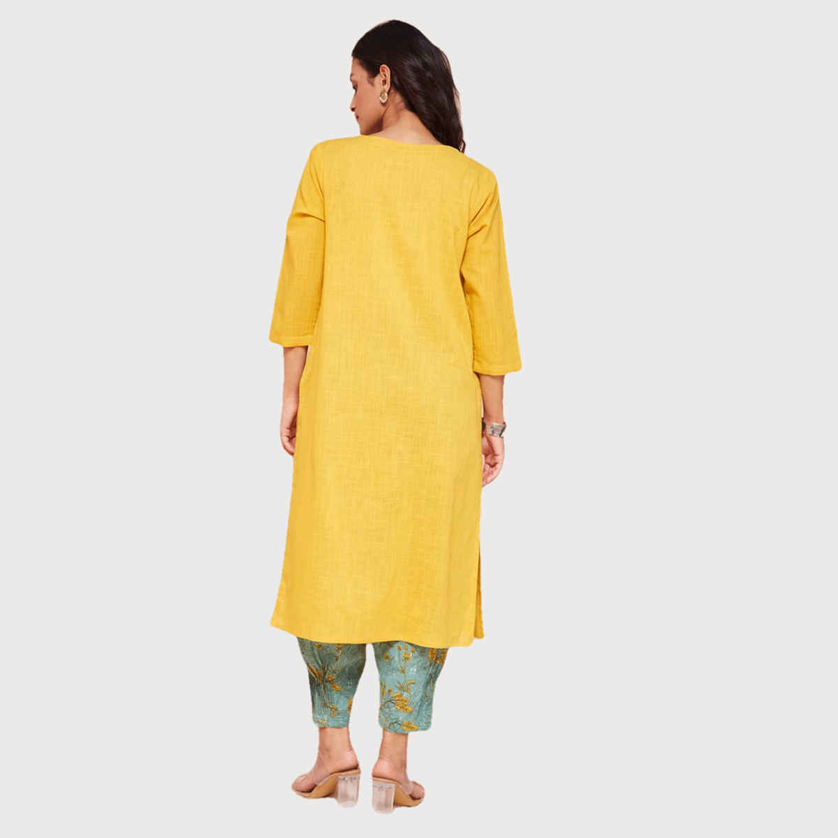Fabindia Women's Kurta & Salwar Set Regular Fit | Yellow - L