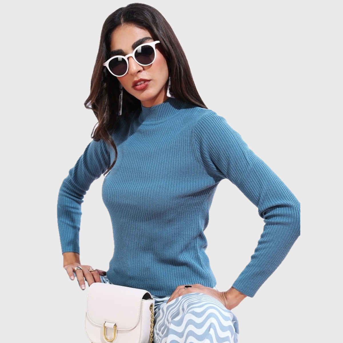 Ketch Women High Neck Pullover | Blue | M | Solid