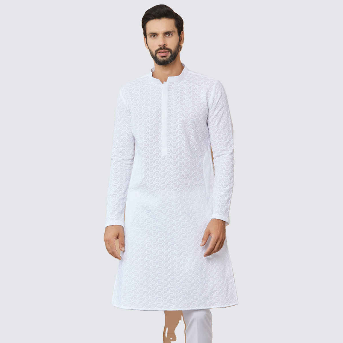 See Designs Men's Embroidered Chikankari Pure Cotton Straight Kurta | White - M