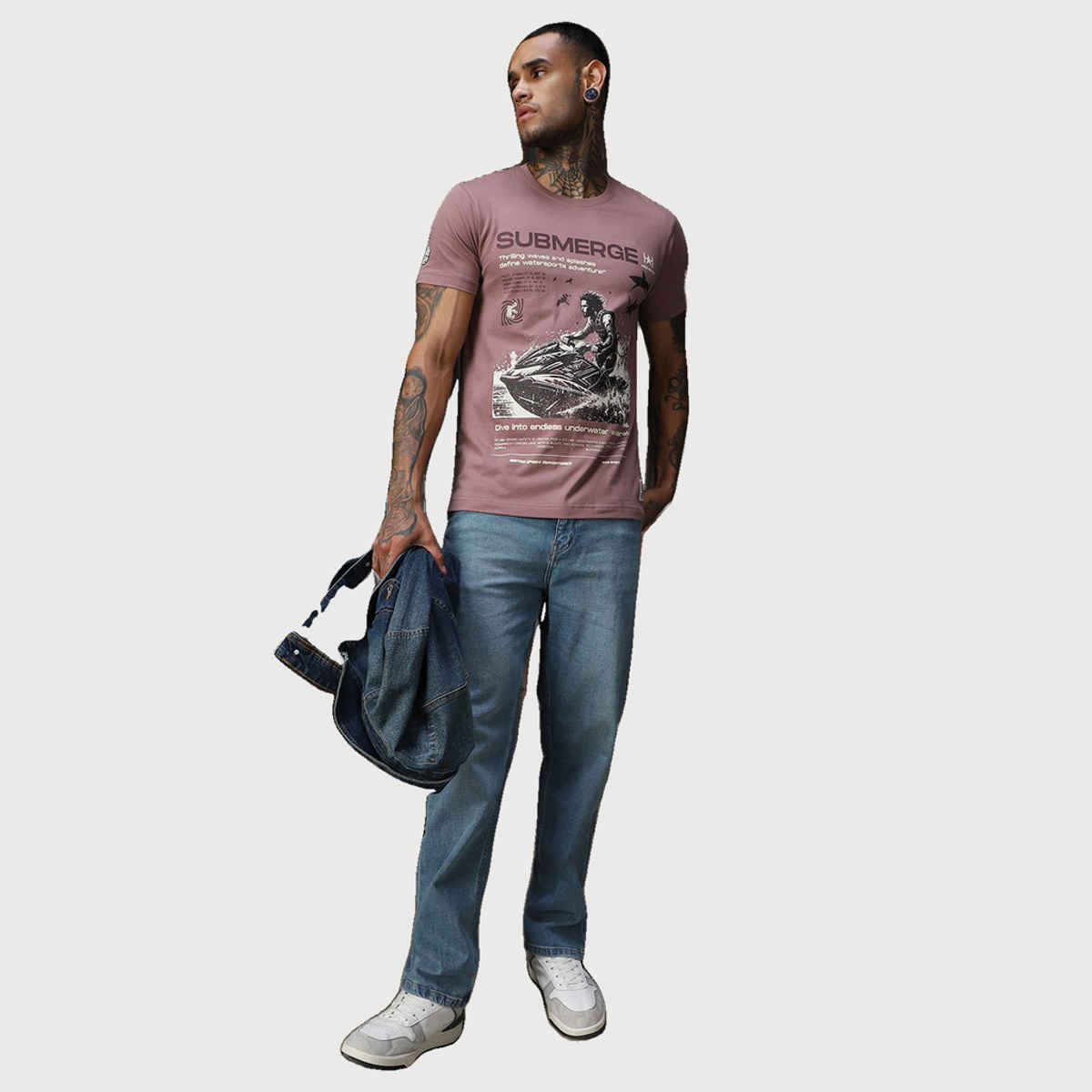 High Star Men's Moto Sports Printed Cotton Regular Fit T-Shirt | Mauve - L