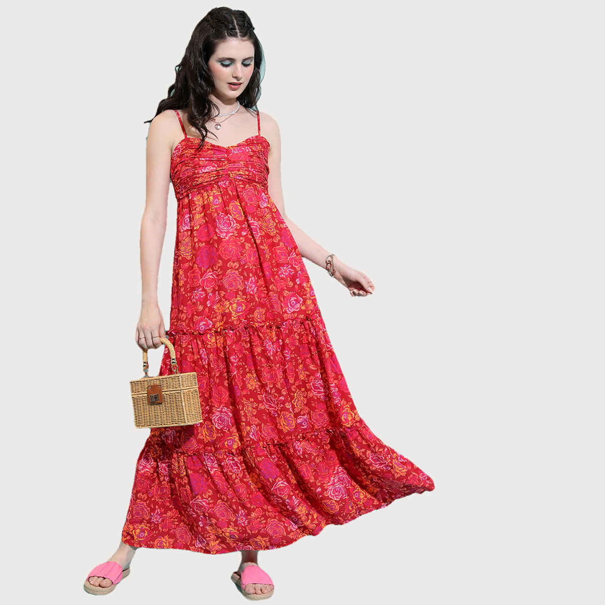 Tokyo Talkies Women's Floral Printed Fit and Flare Maxi Dress with Pleats | Red - S