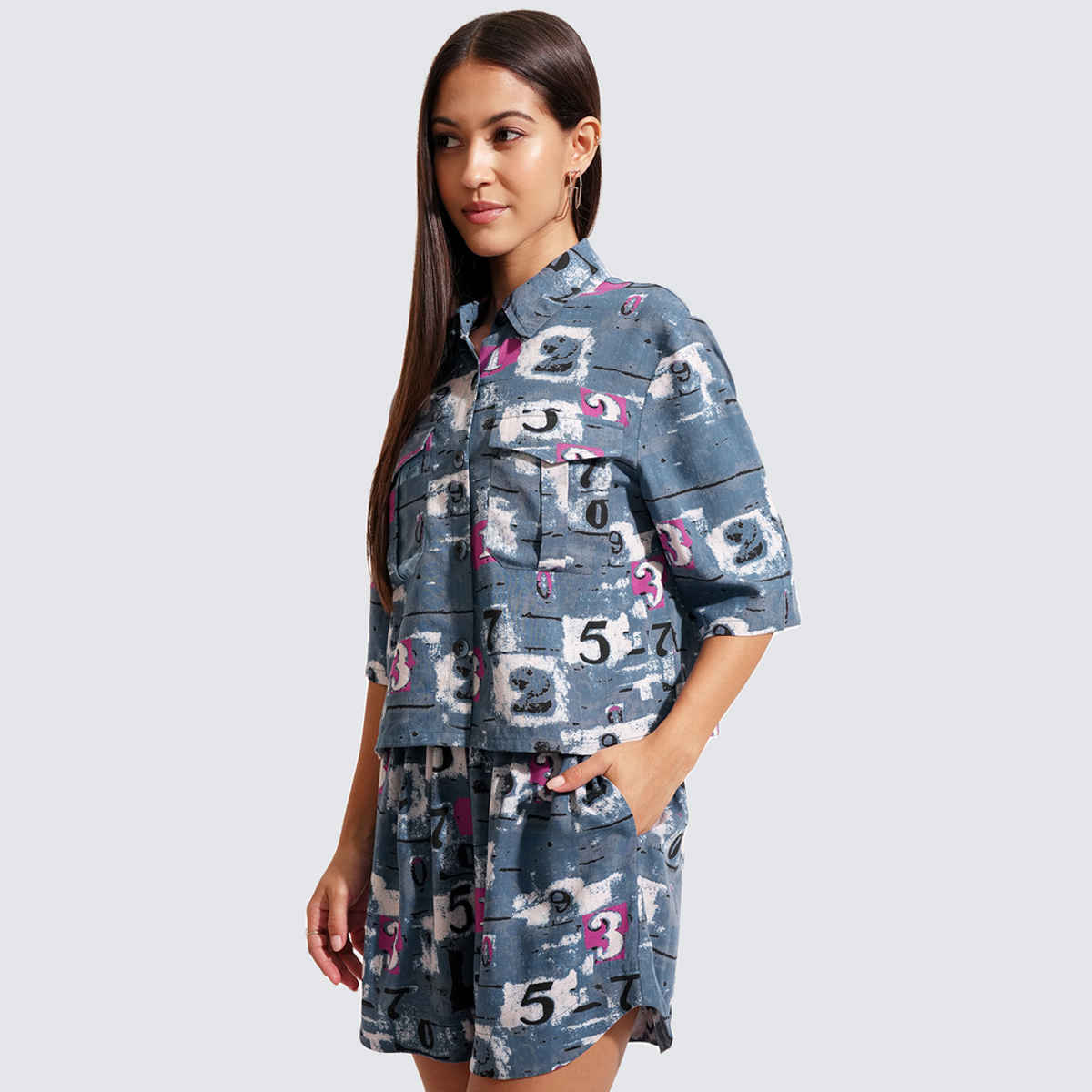 Tokyo Talkies Women's Printed Shirt And Shorts Co - Ord Set| Blue - L