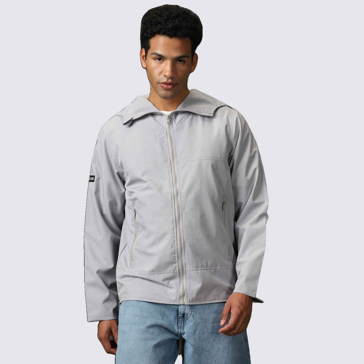 High Star Men's Windcheater Light Winters Hooded Bomber With Badge Detail Jacket | Gray - XL
