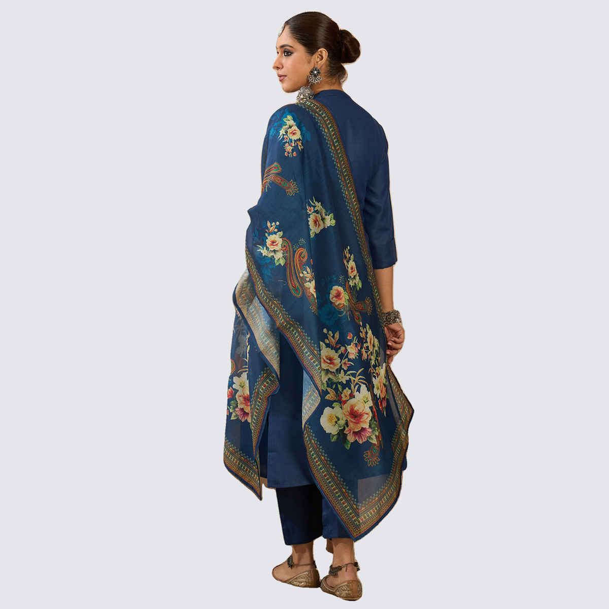 INDO ERA Women's Embroidered Straight Kurta Trouser with Dupatta Set | Blue - XL