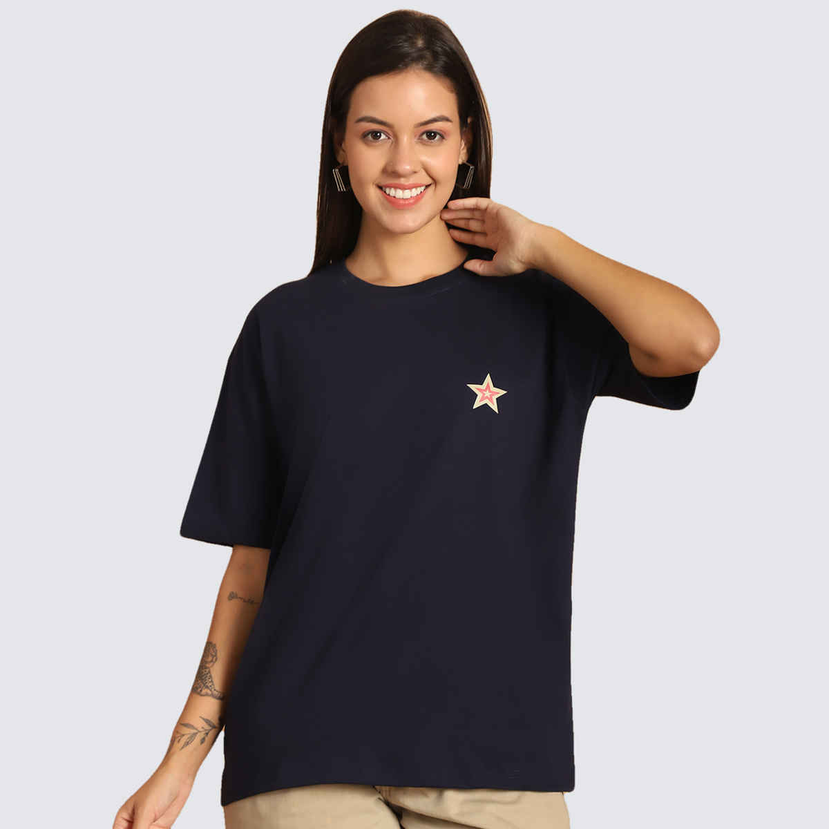 Fabflee Women Oversize Cotton Printed Round Neck Tshirt | Dark Blue | FAB-OS-506 | XL