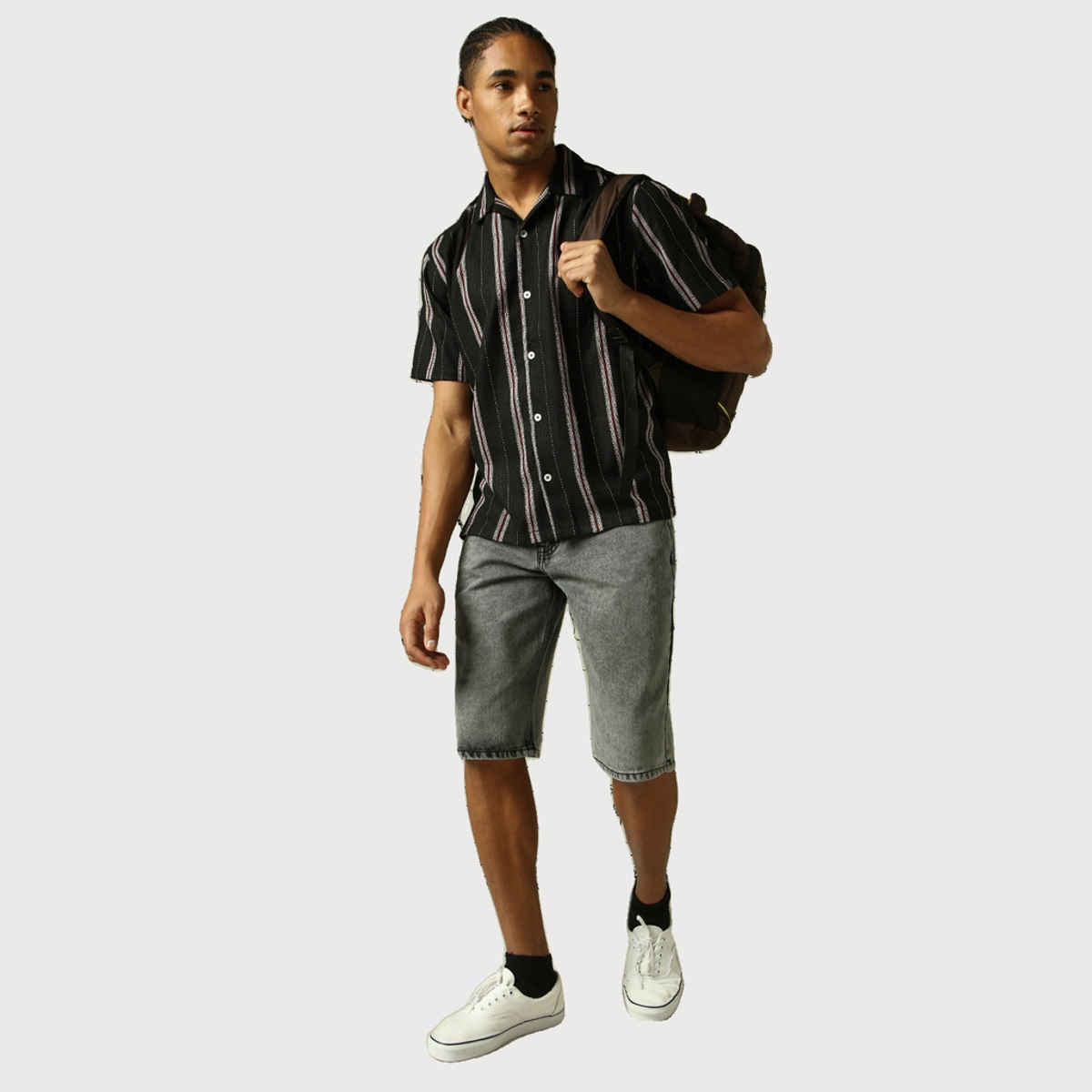 Hubberholme Men's Spread Collar Vertical Striped Cotton Oversized Textured Shirt | Black - 40