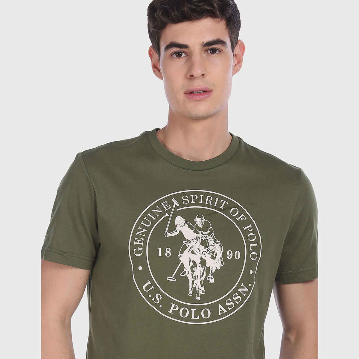 USPA Men's Printed Lounge Round Neck T Shirt - Regular Fit - Olive - S