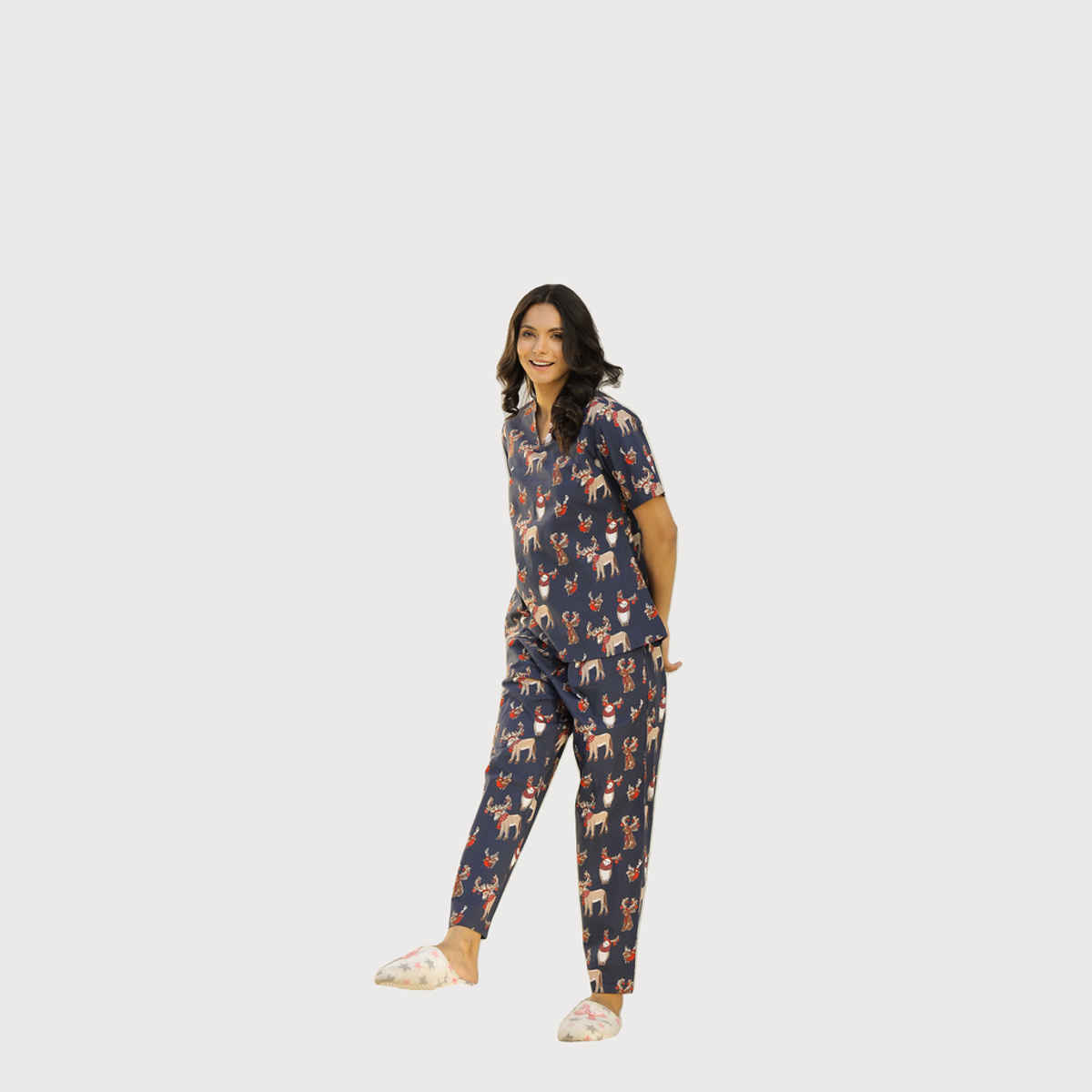 Sanskrutihomes Women Printed Pure Cotton Night Suit | Blue | L