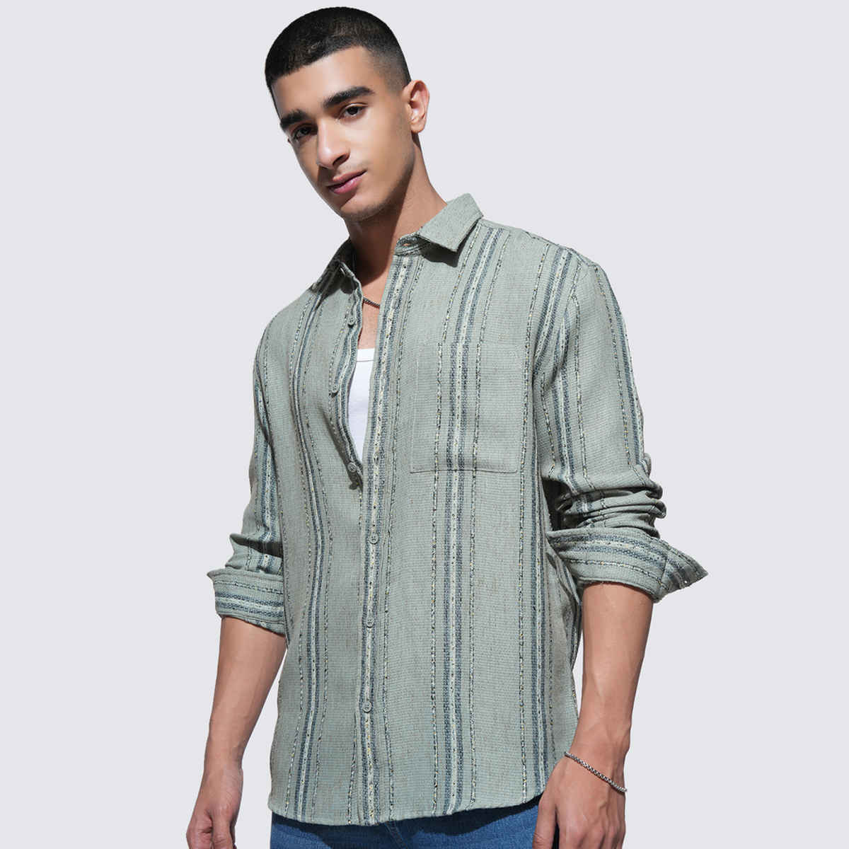 Highlander Men's Fancy Yarn Dobby Textured Striped Relaxed Shirt | Green - XL