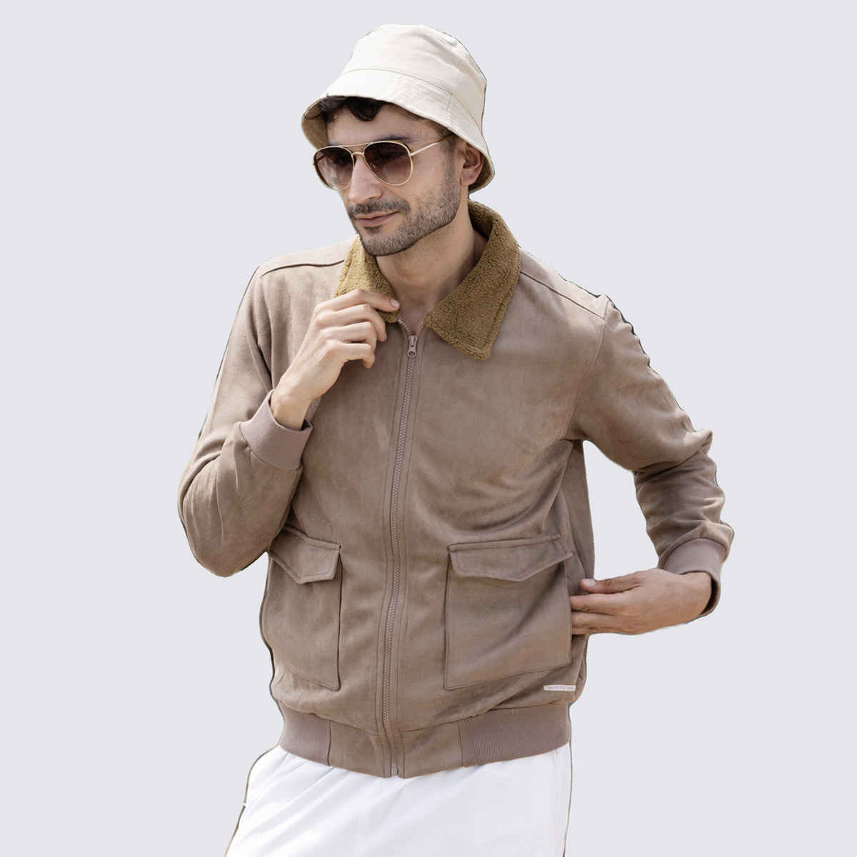 Campus Sutra Men's Zip-Front Jacket With Fleece Collar | Beige - M