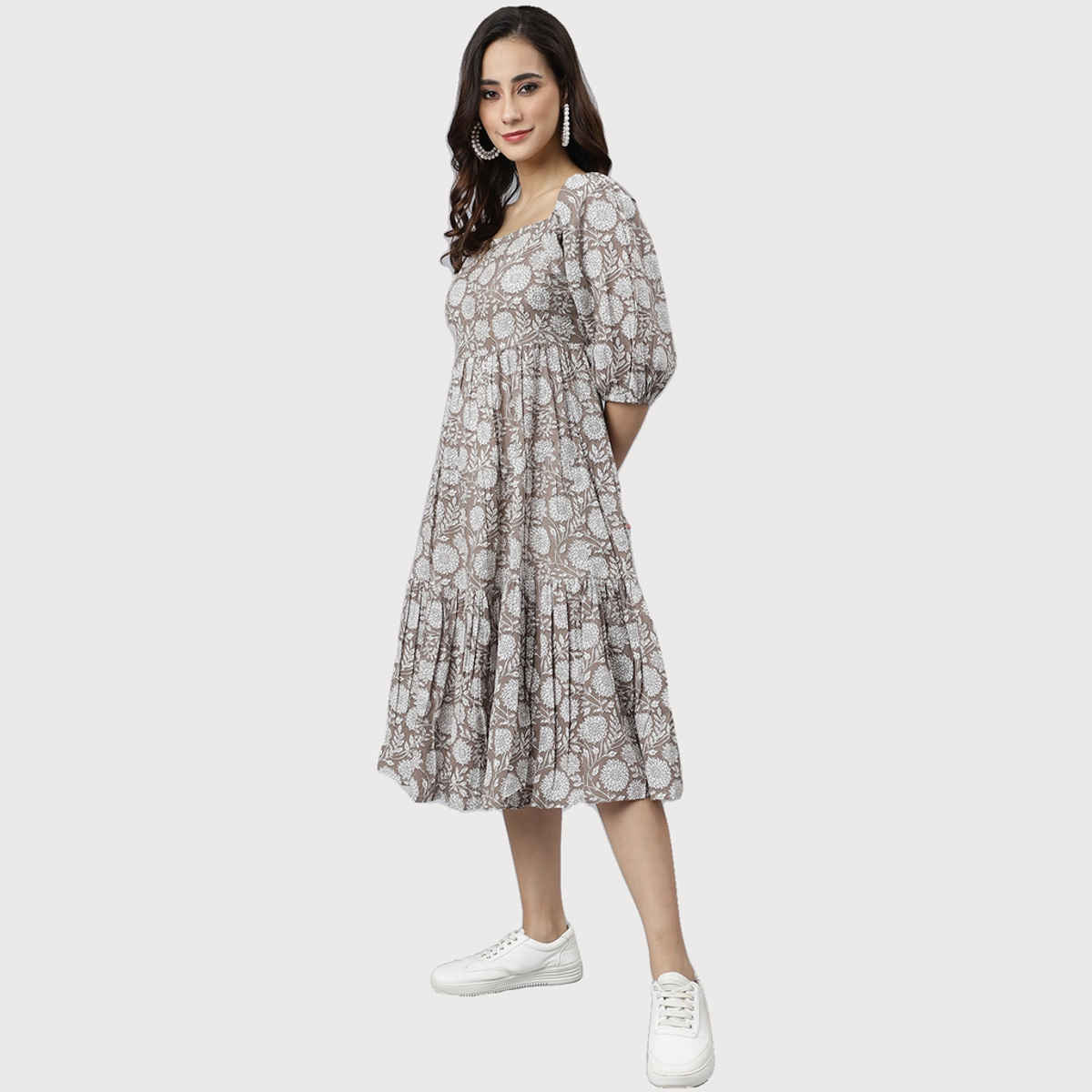 Janasya Women's Grey Pure Cotton Floral Printed Flared Dress - L