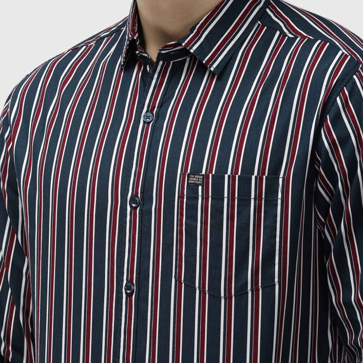 The Indian Garage Co Men's Slim Fit Multi Stripes Casual Shirt | Navy Blue - L