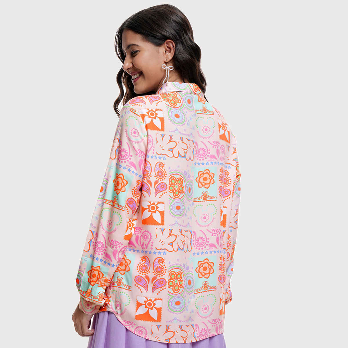 Tokyo Talkies Women's Mickey Printed Long Sleeve Regular Shirt | Peach Multi - S