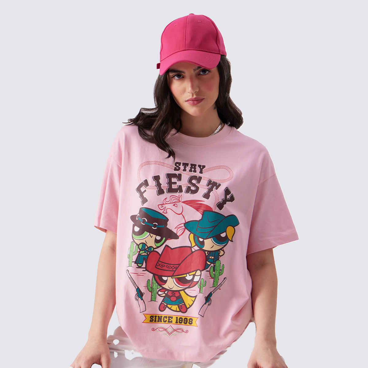 The Souled Store Women's Powerpuff Girls Stay Fiesty Oversized T-shirt | Pink - S