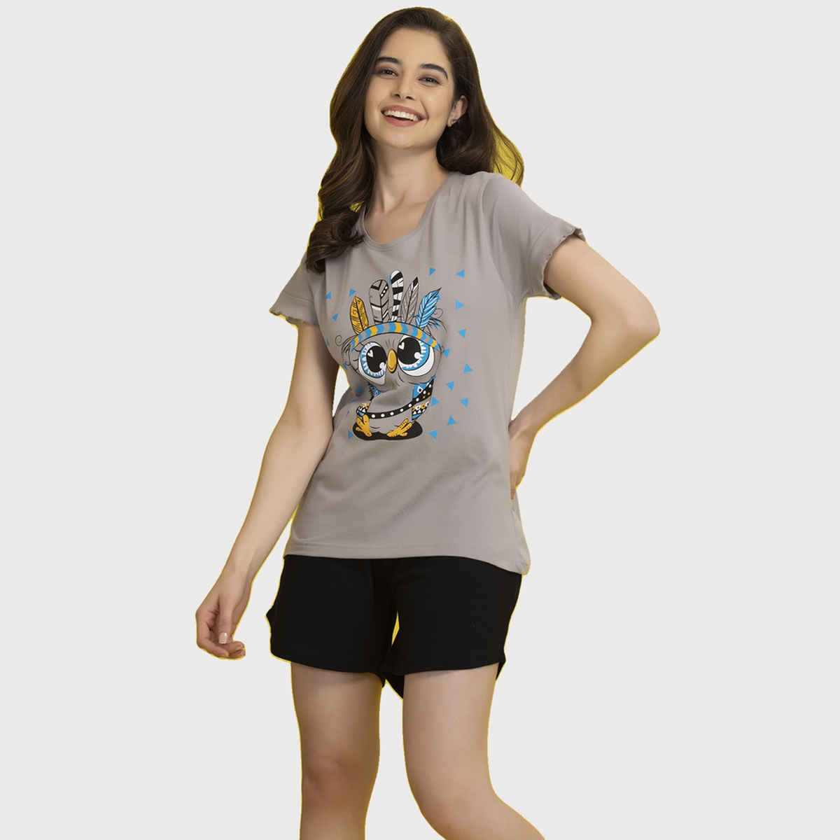 Clovia Owl Print Top & Shorts & Black - Cotton Rich(Grey - Xxl)