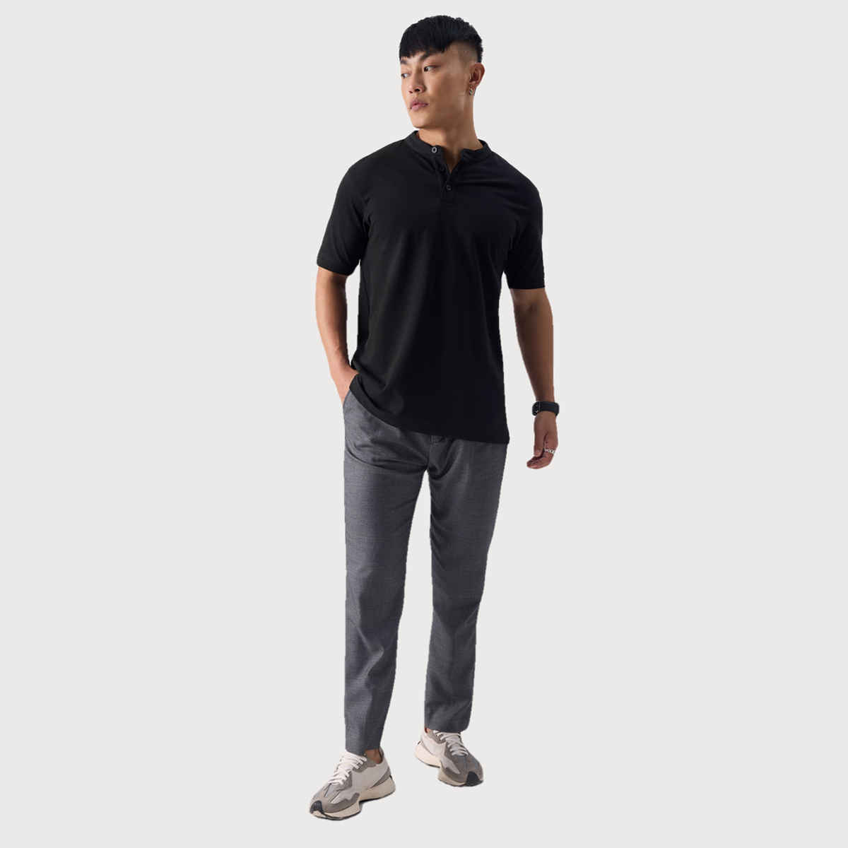 The Souled Store Men's Regular Solids- Midnight Black Mandarin Polo | XL