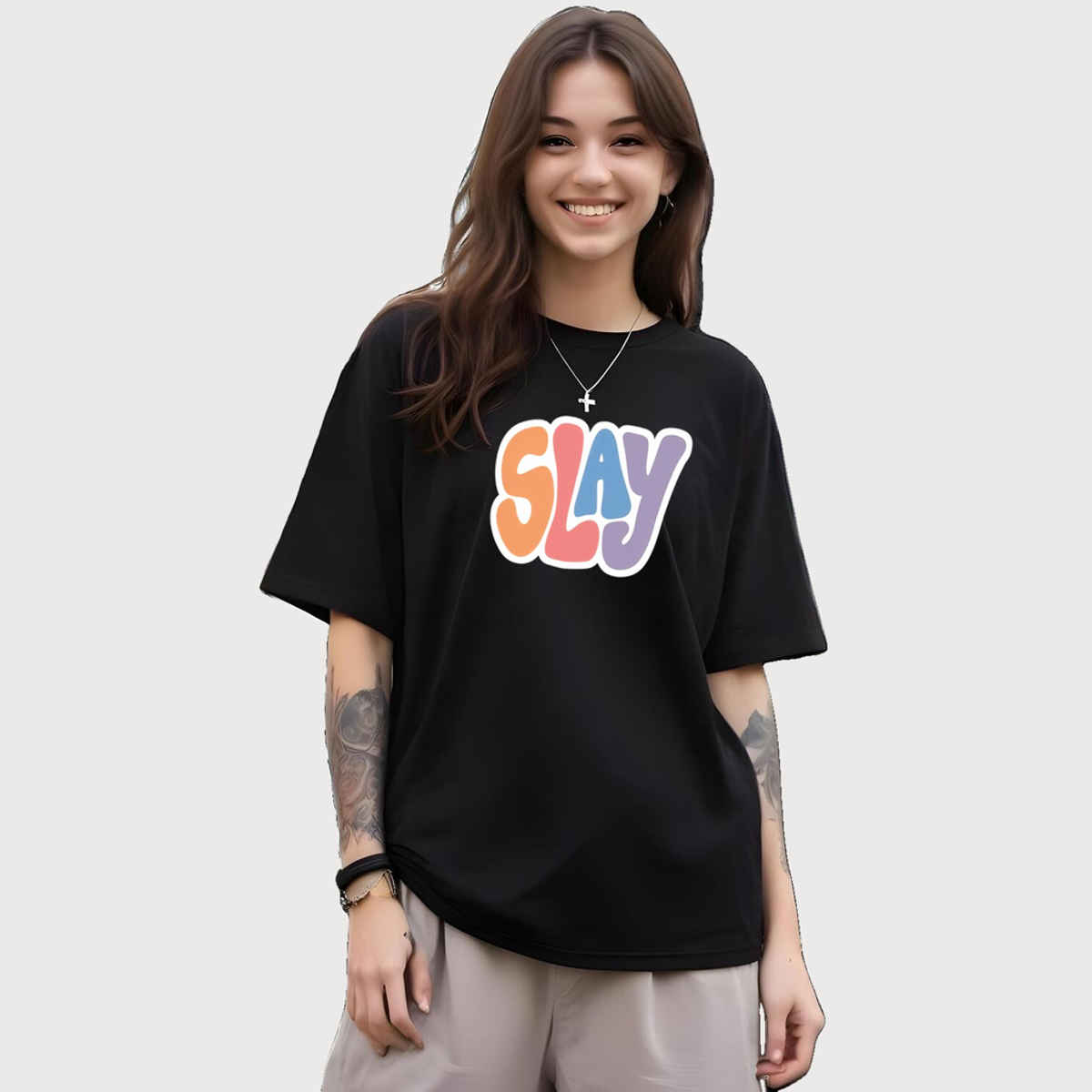 Smartees Womens Oversize Printed T-shirt | WW - 2040 | Black - L