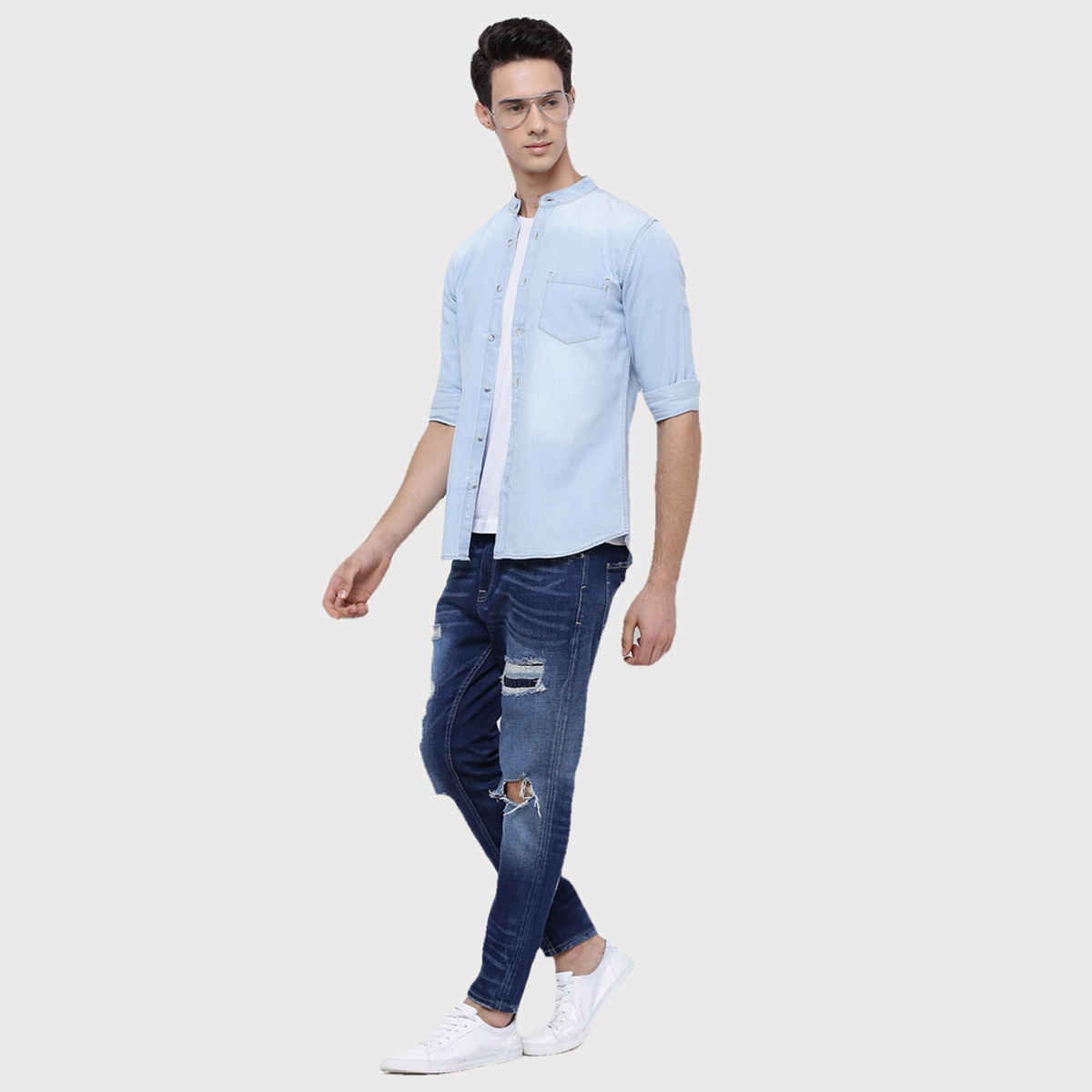 Highlander Men's Blue Slim Washed Denim Casual Shirt | Blue | L