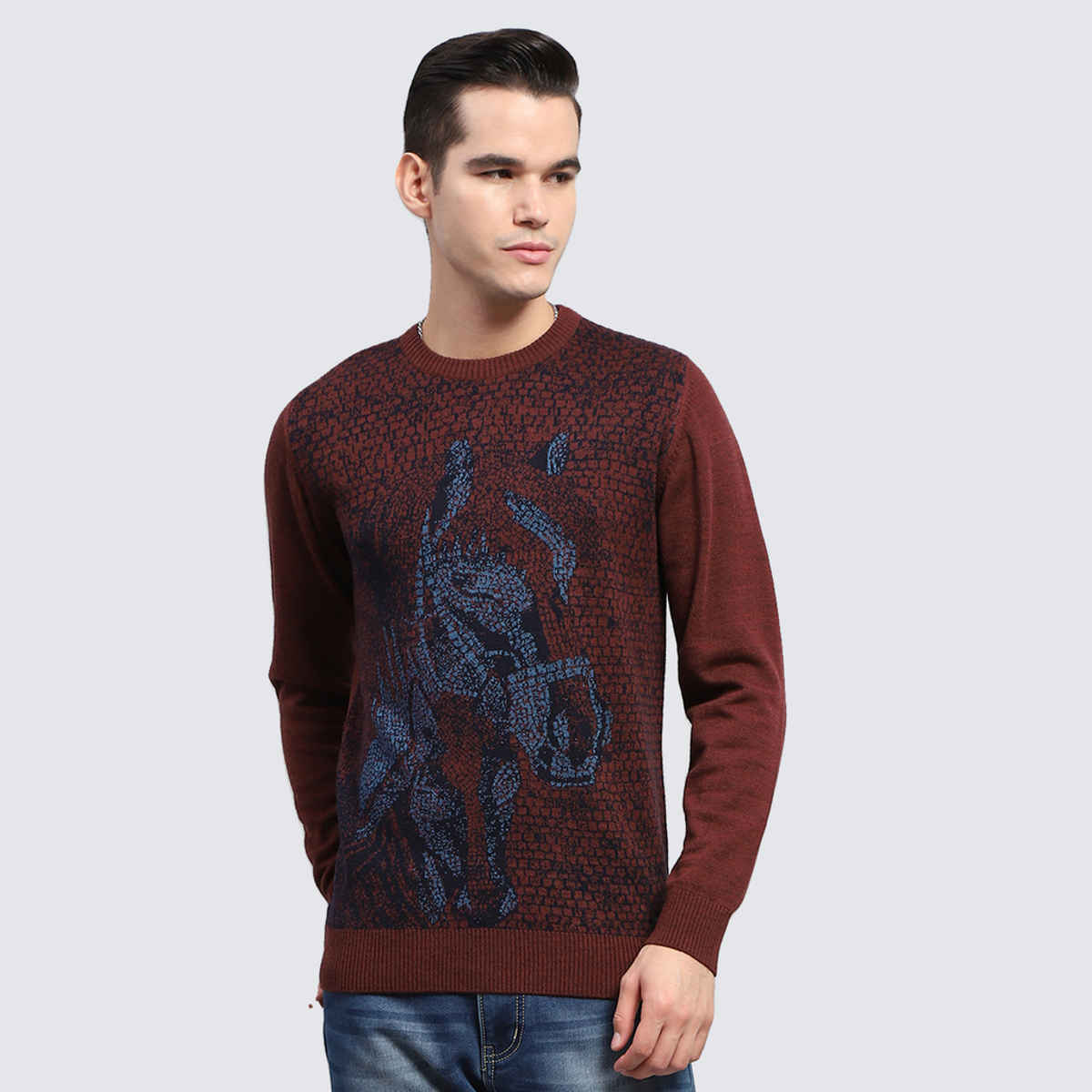 Monte Carlo Mens Wine Self Design Round Neck Full Sleeve Pullover |1243242Rn-2-44 |XXL