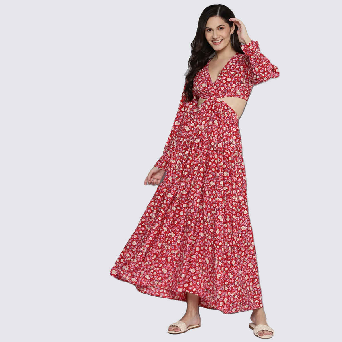SASSAFRAS Women's Ditsy Floral Waist Cut-Out Maxi Dress | Red - L