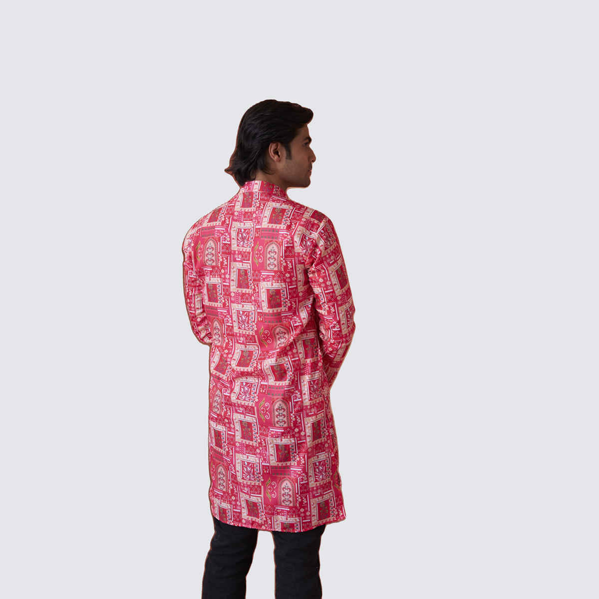 House Of Festivals Men's Printed Cotton Blend Long Kurta | Pink -L