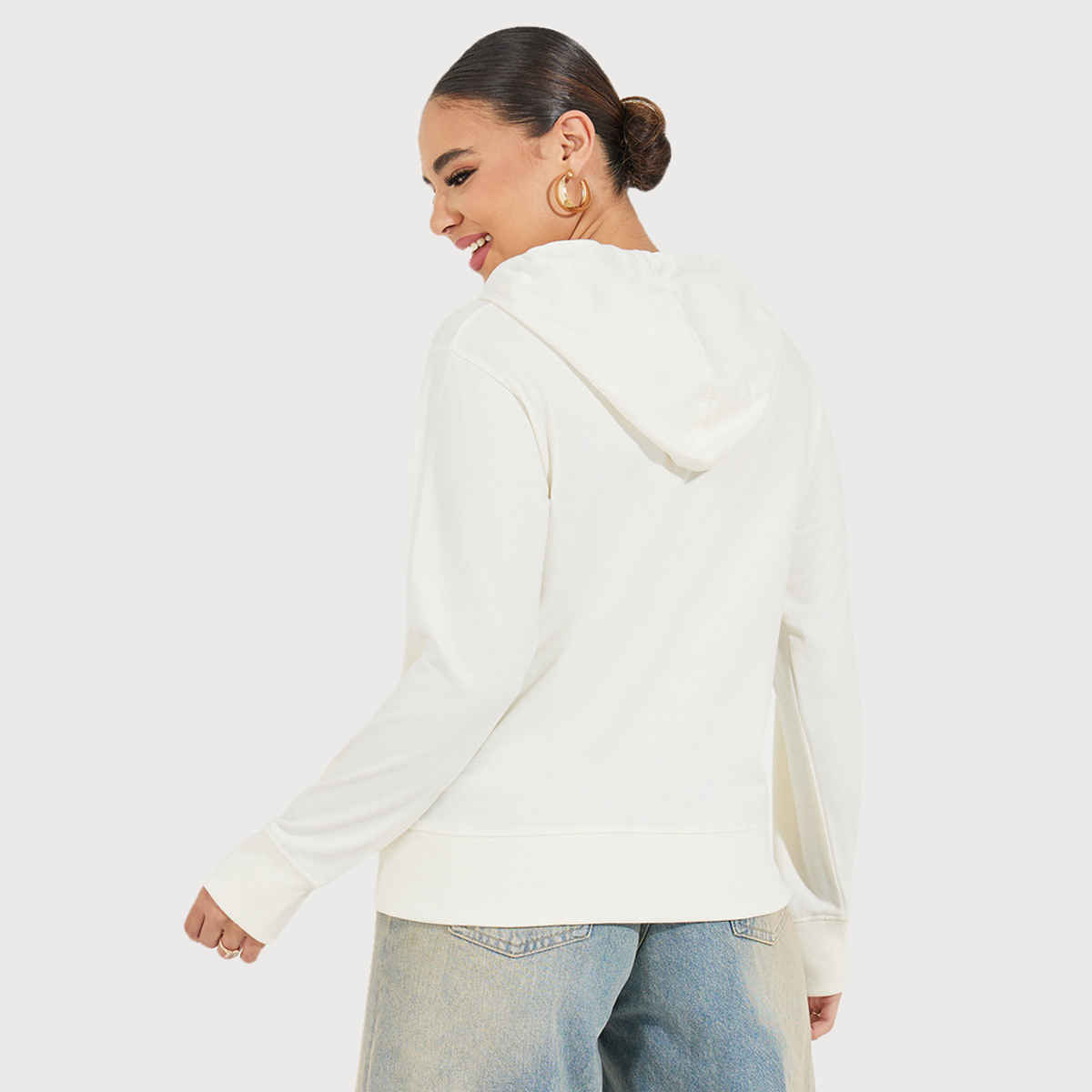 Styli Women's Regular Length Regular Fit- Half Zipper Sweatshirt Hoodie | Off White - L