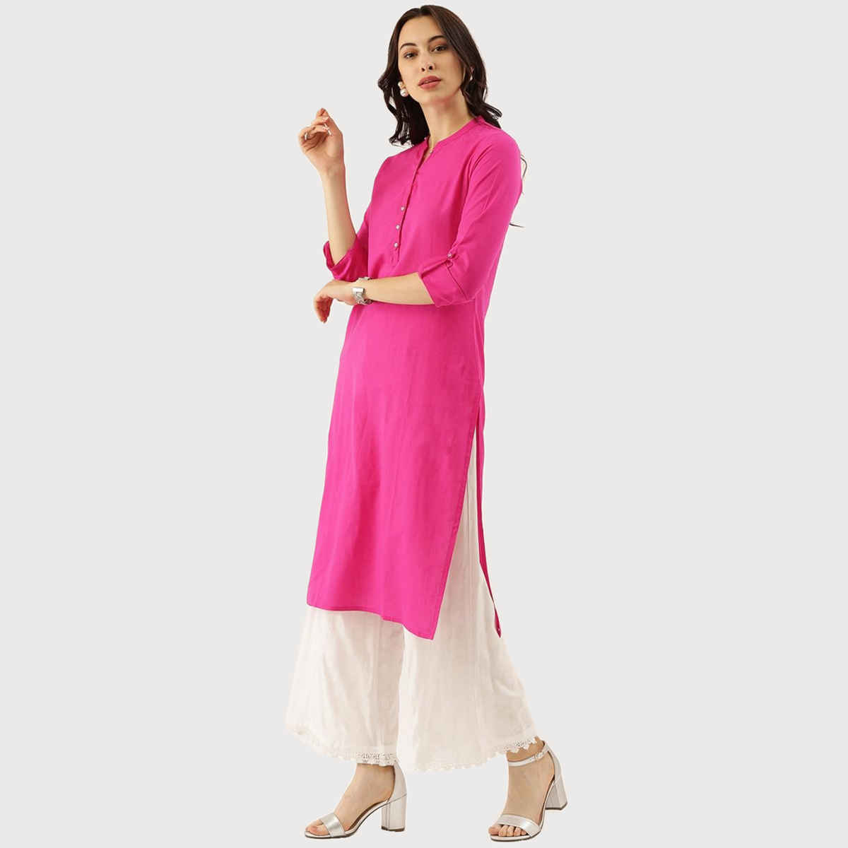 Divena Women's Pink Solid Straight Roll up Sleeve Kurti DK0563 | M