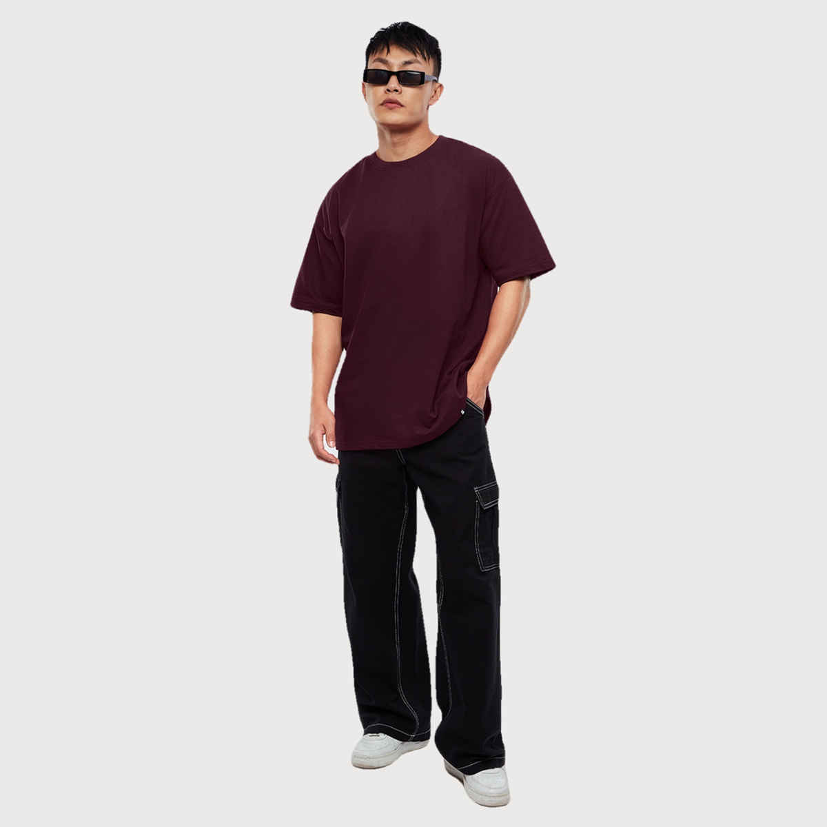The Souled Store Men's Solids Dark Purple Oversized T-shirt | Burgundy - 2XL