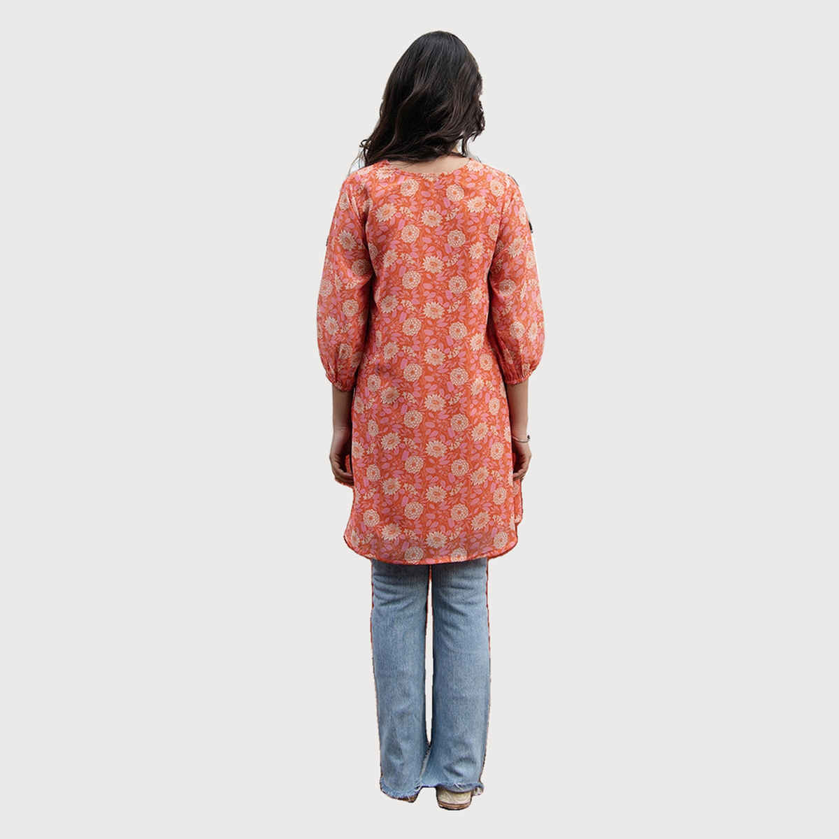 Janasya Women's Orange Georgette Floral Printed Regular Tunic | L