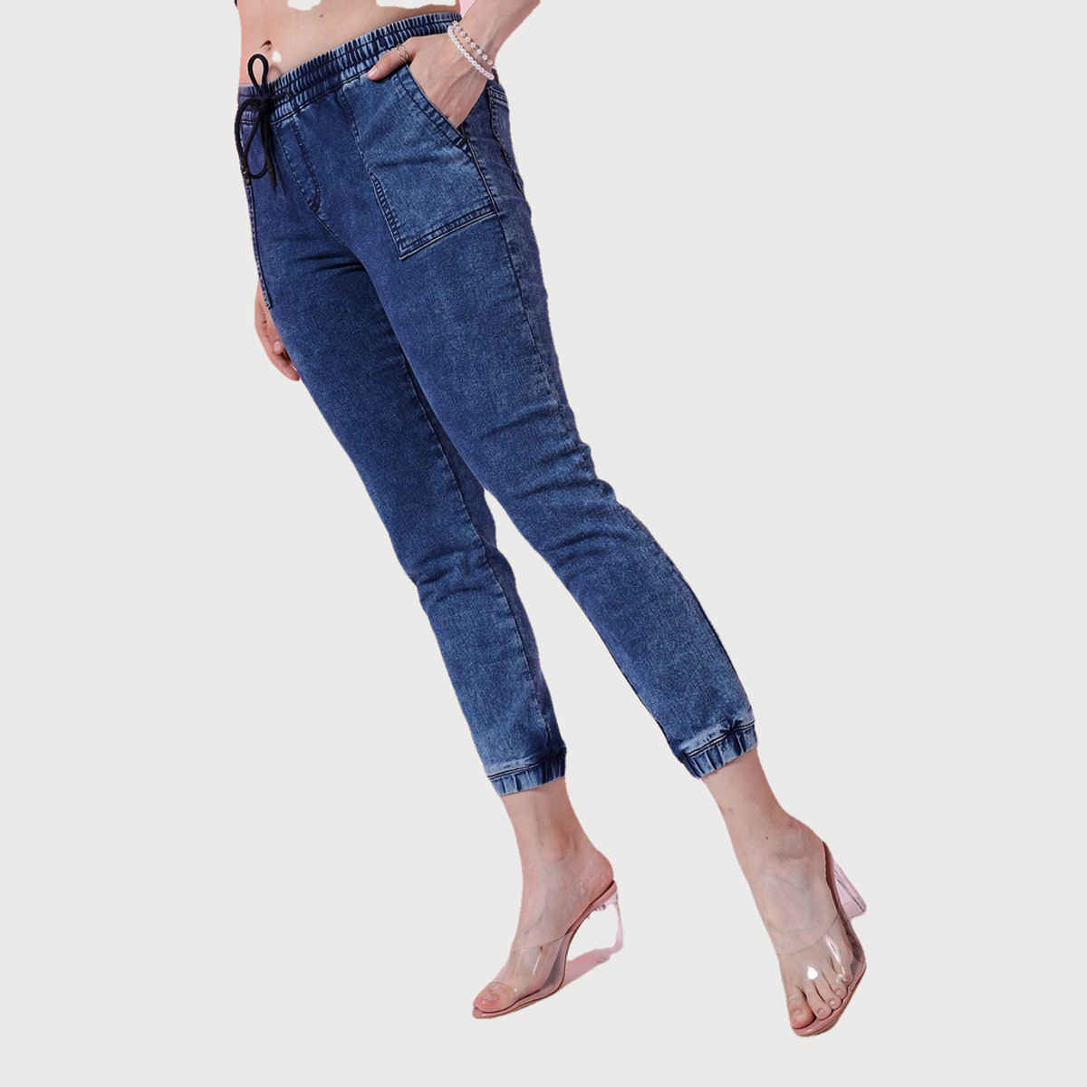 Freehand Women's Mid-Rise Dark Washed Joggers With Elasticated Drawstring At Waist | Blue - 28