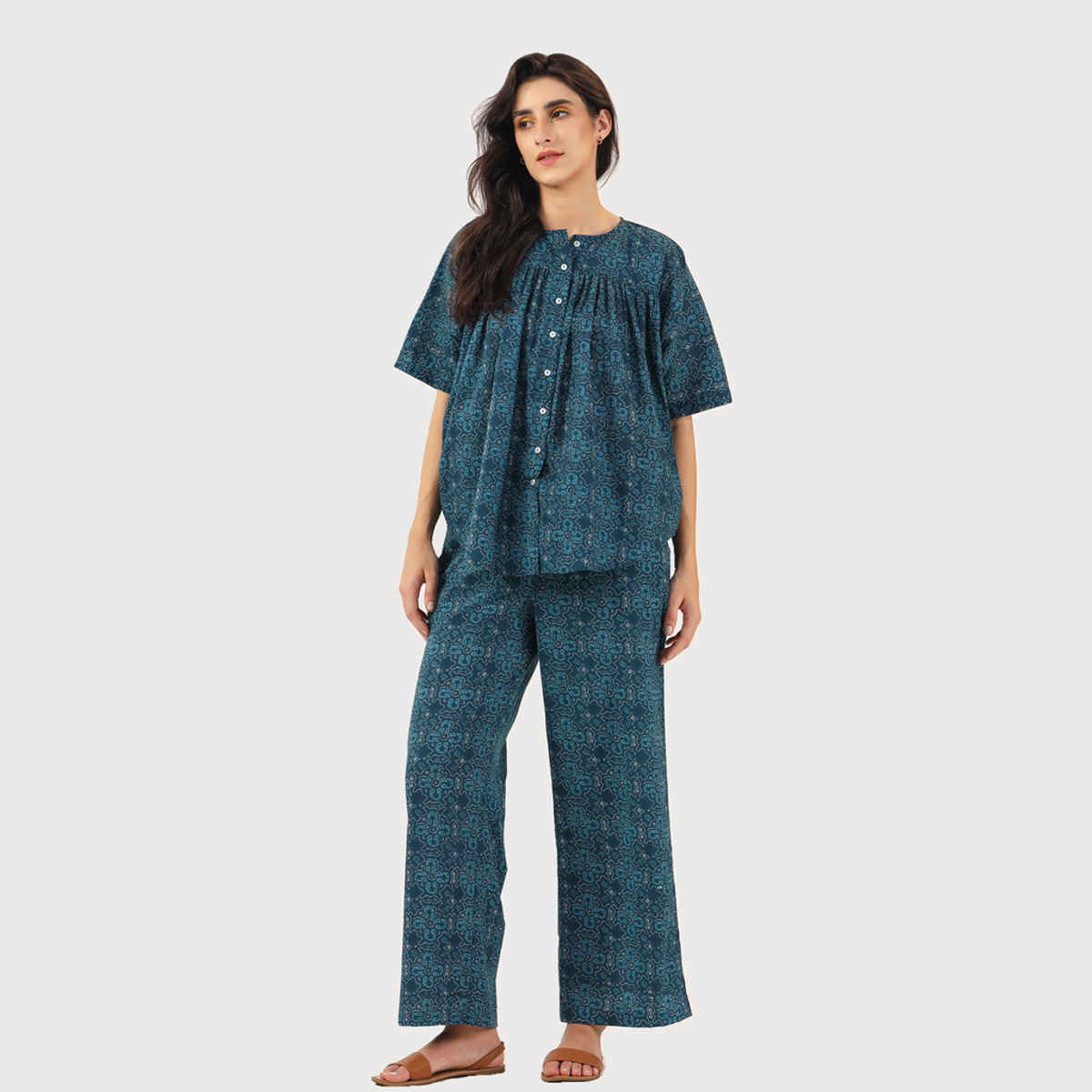 Sanskrutihomes Women's Pure Cotton Night suits | SE-NSP-220 | Blue - L