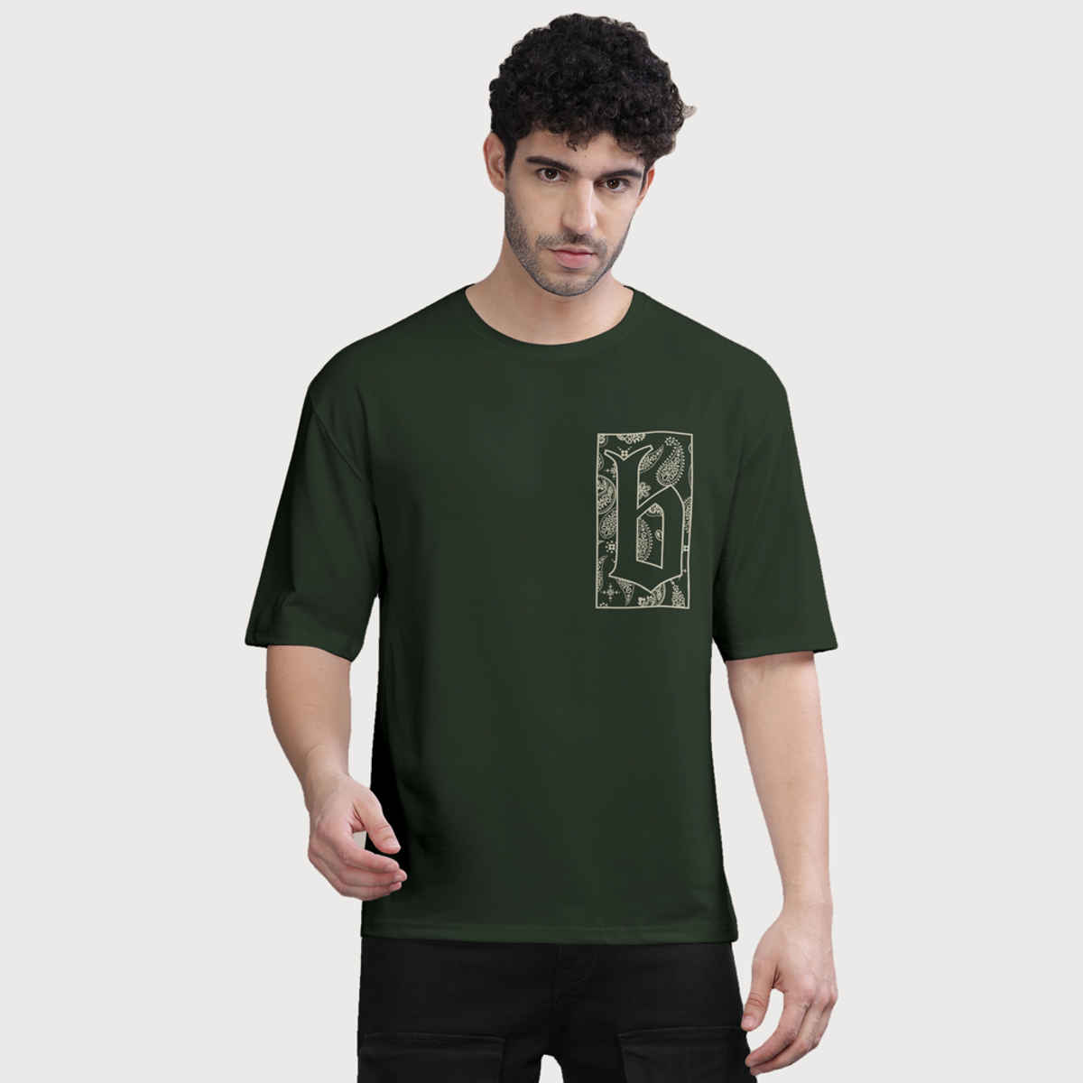 Bullmer Men's Oversized T-shirt Front and Back Printed | Olive | L