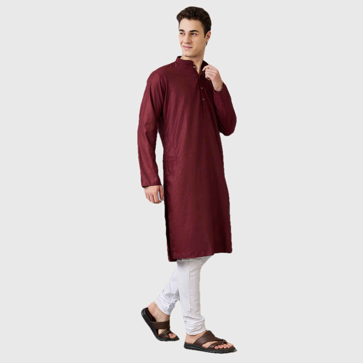 Ethnix by Raymond Men's Fit Poly Viscose Blend Full Sleeve Stand Collar Kurta | Dark Maroon - XL