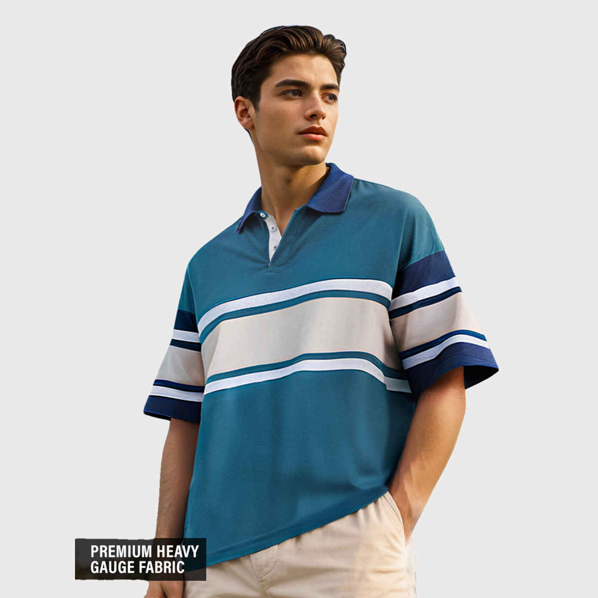 The Souled Store Men's Solids Colourblock Oversized Polo | Ocean Blue - L