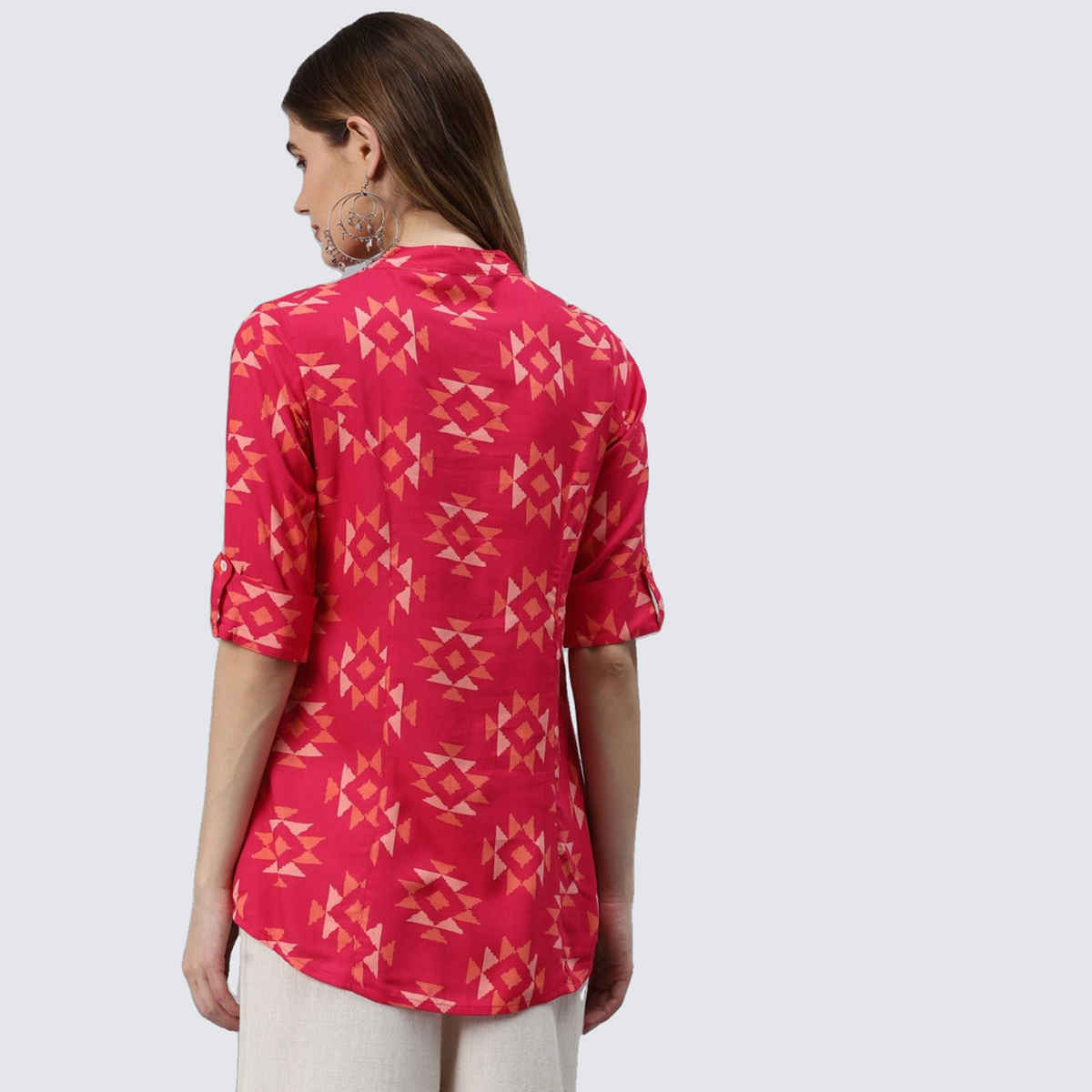 Divena Women's Geometric Print Rayon Shirt Style Top | DK0697 | Pink - S