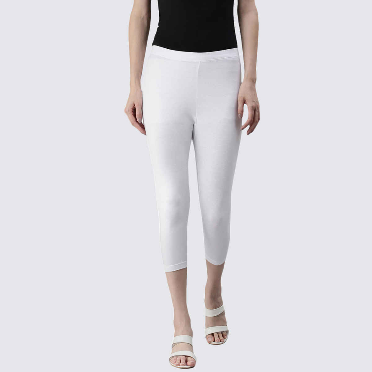 Kryptic Women's Mid-Rise Three-Fourth Length Stretchable Cotton Leggings | White - S