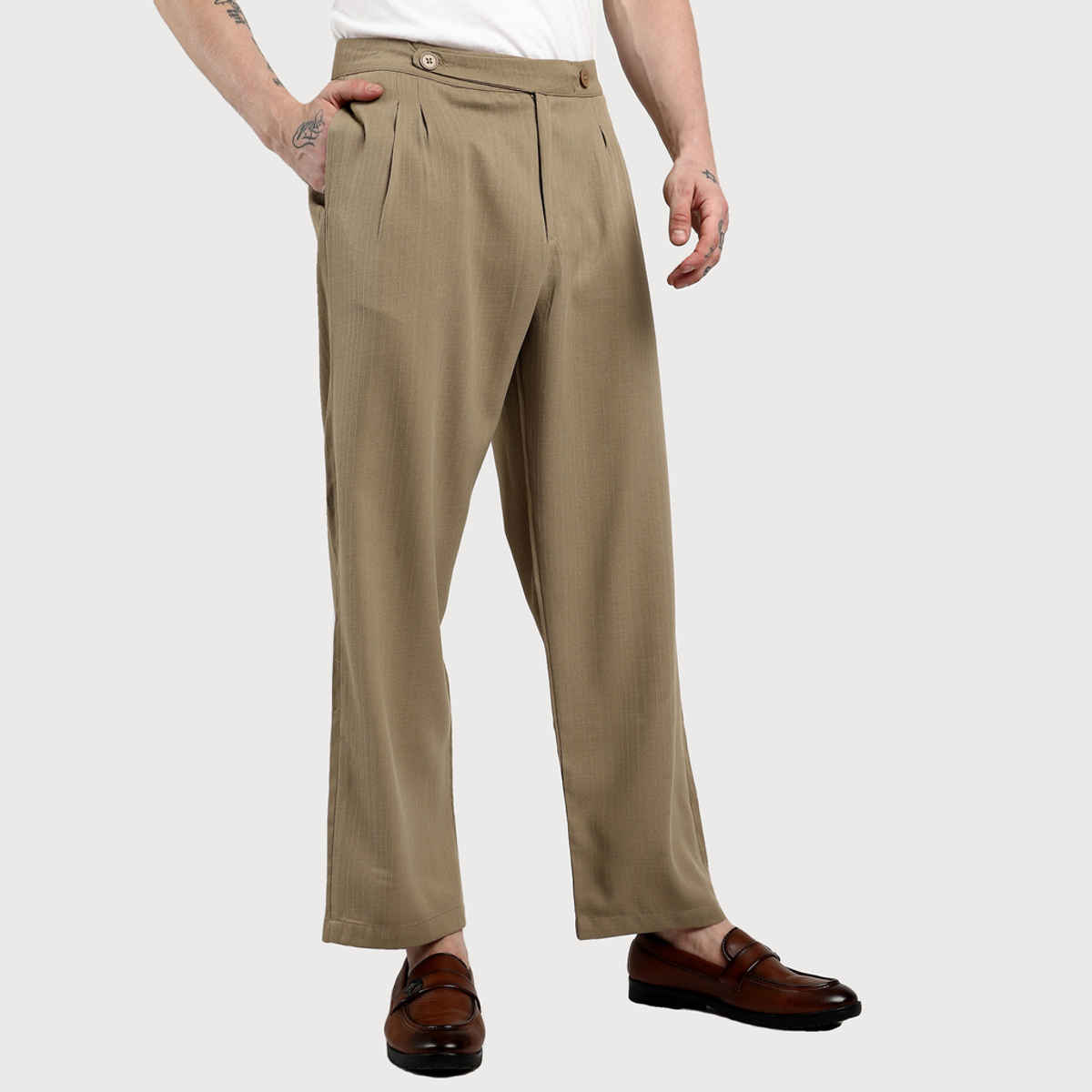 Campus Sutra Men's Tailored Linen-Blend Trousers | Brown - 30