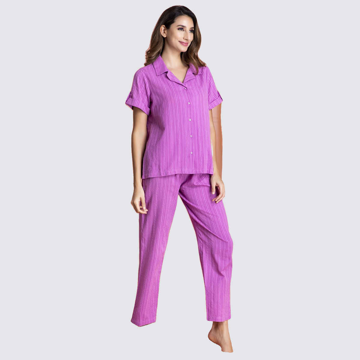 Clovia Sassy Stripes Button Down Shirt & Pyjama - Cotton | Purple | M