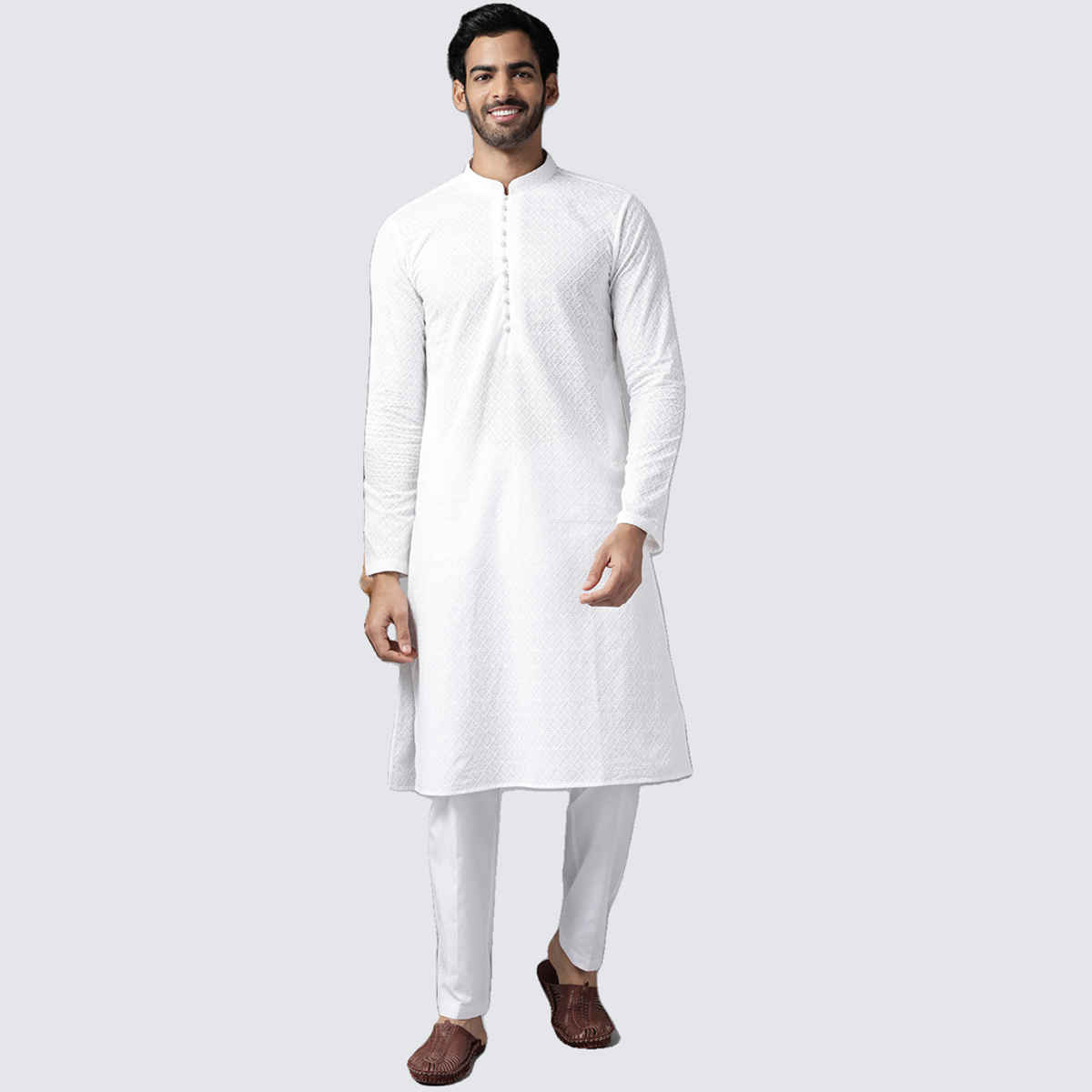 See Designs Men's Chikankari Embroidered Straight Kurta | White - M