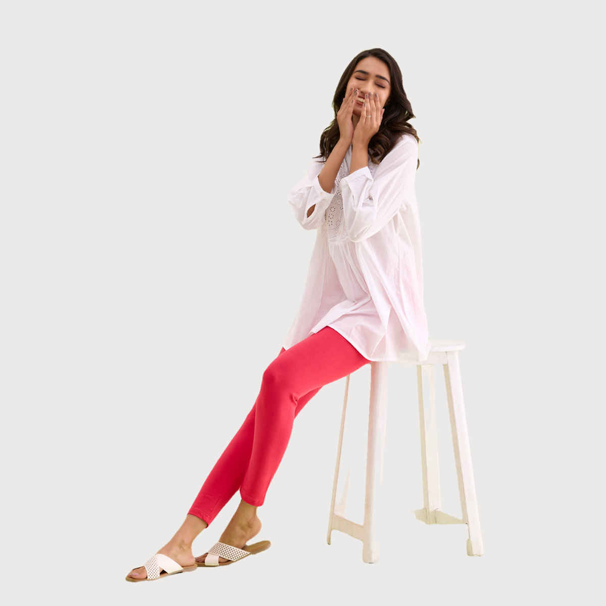 Go Colors Women's Solid Mid Rise Ankle Length Leggings | Coral - XL