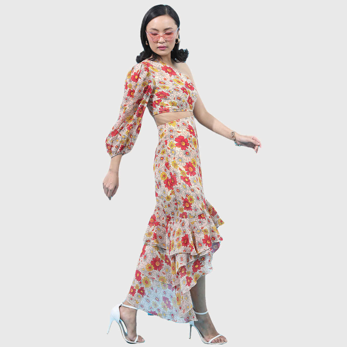 Tokyo Talkies Women's Floral Printed One Shoulder Sheath Dress with Puff Sleeve | Red - L