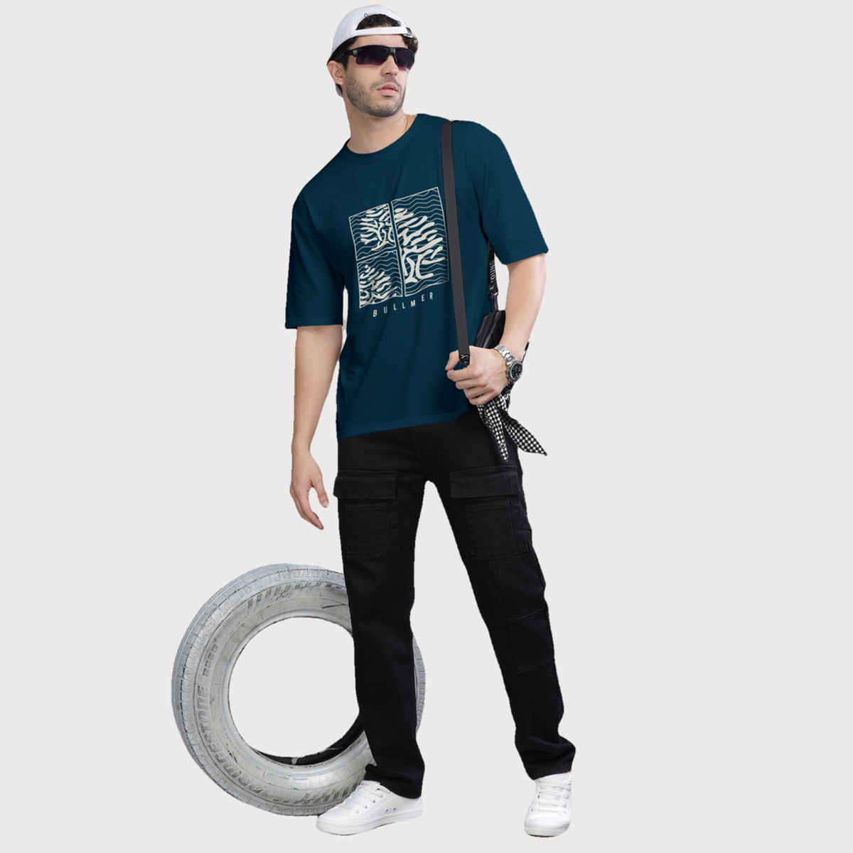 Bullmer Men's Oversized T-shirt Front Printed | Petrol Blue | M