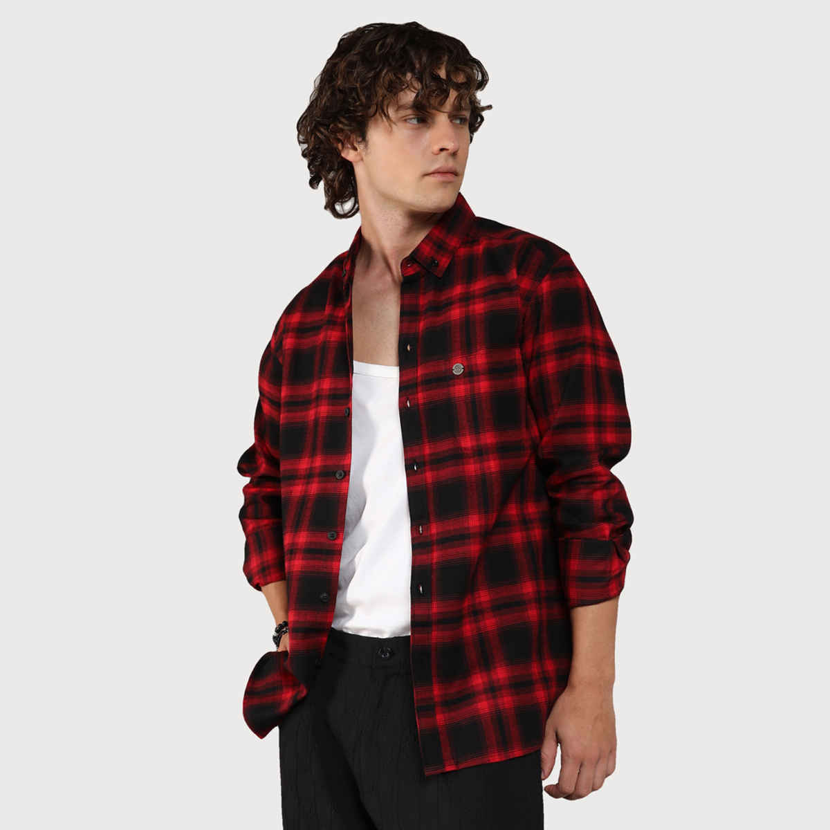 Campus Sutra Men's Brushed Buffalo Check Shirt | Midnight Black & Scarlet Red - S