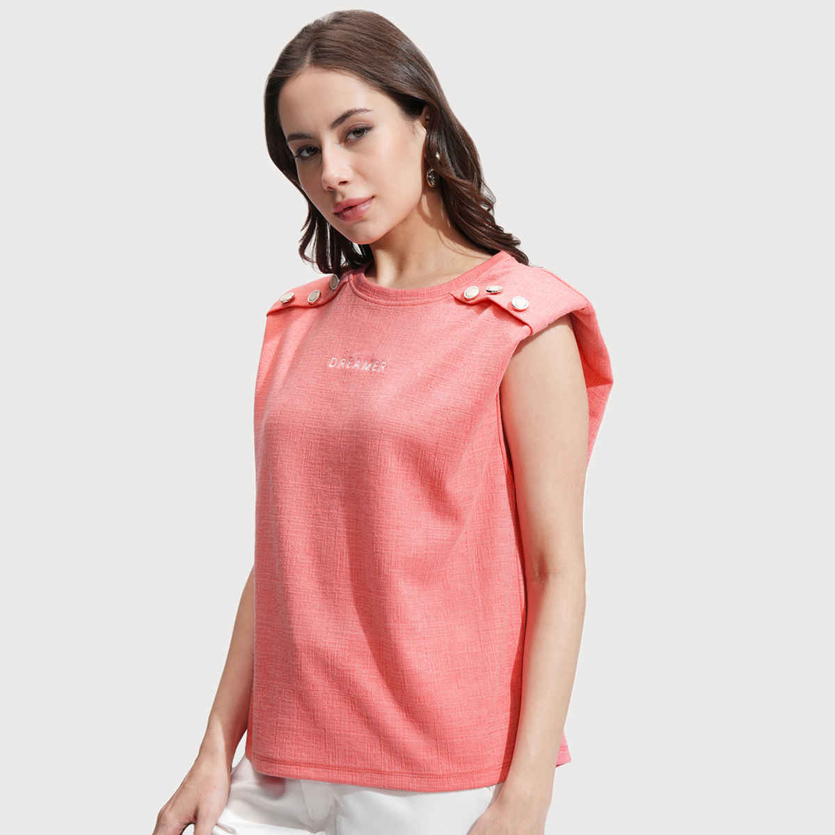 Tokyo Talkies Women's Self Design Round Neck T-Shirt | Pink - S