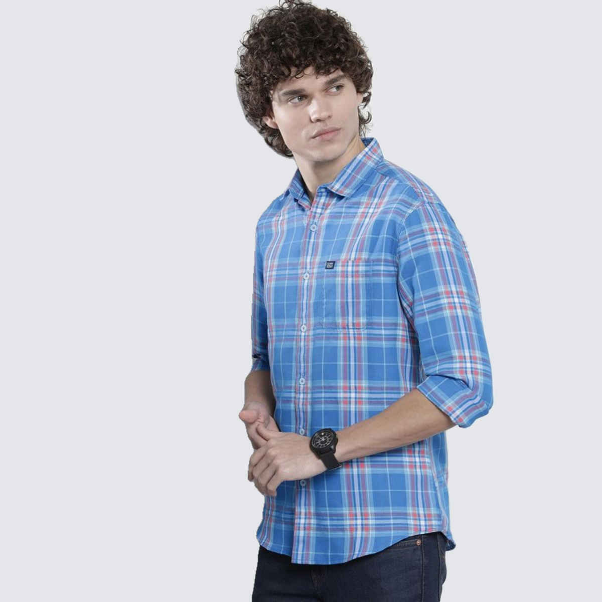 The Indian Garage Co Men's Regular Fit Checked Casual Shirt | Blue | S