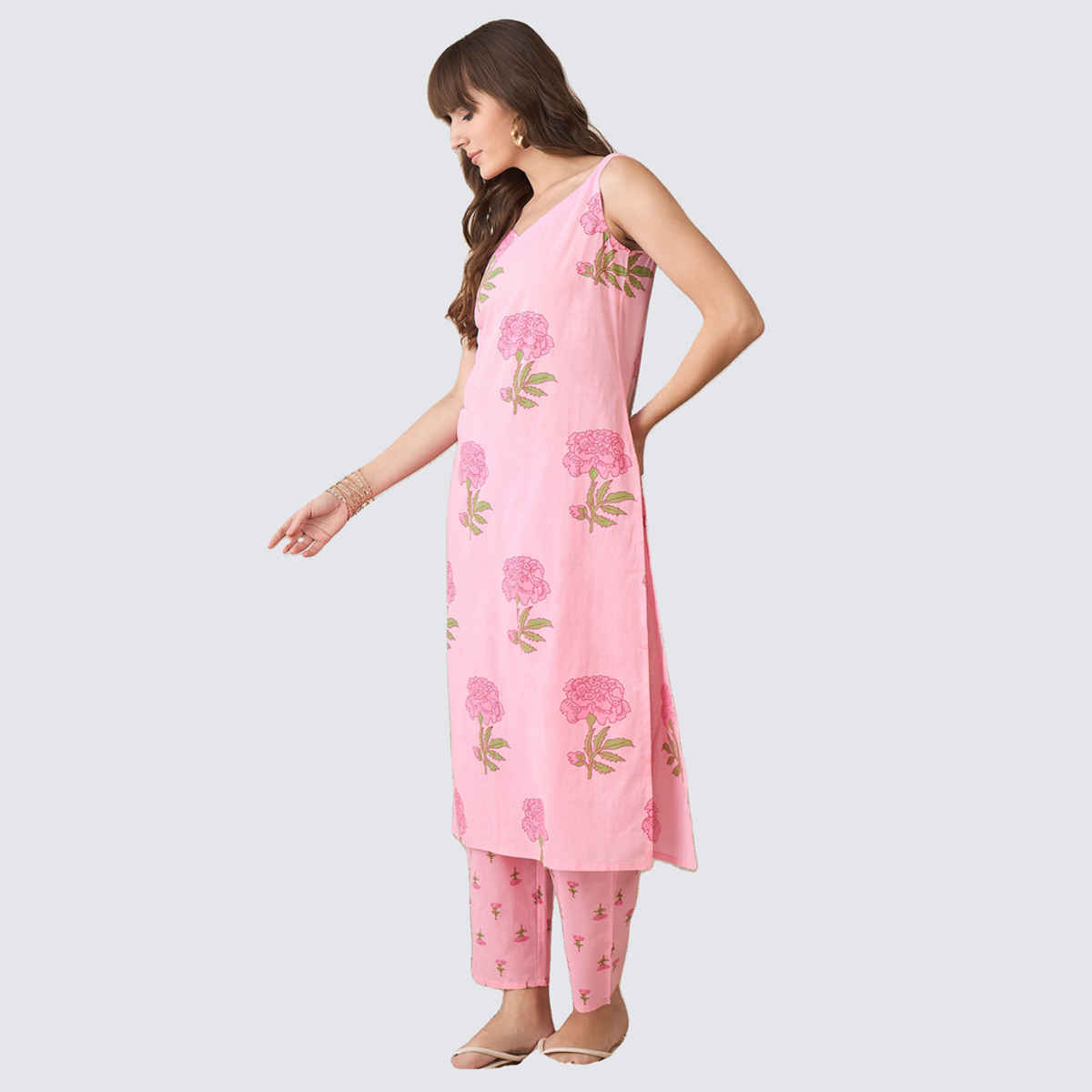 INDO ERA Women's Printed Straight Kurta Trouser Set | Pink - XL
