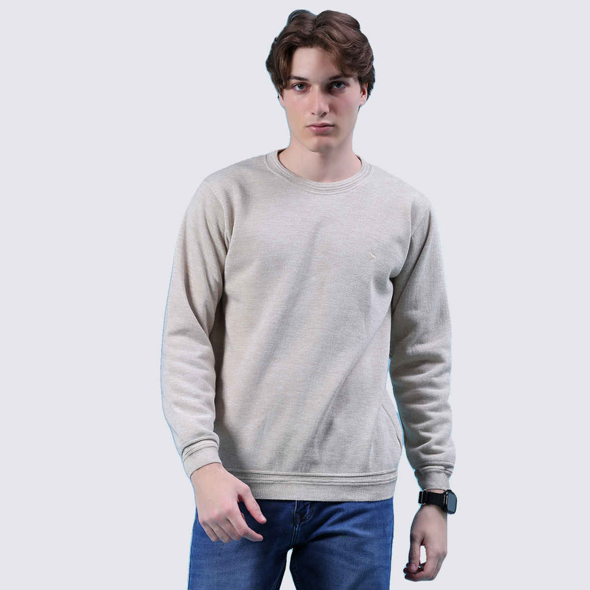 V-Mart Men's Solid Pentium Interlock Round Neck Sweater | Beige - L
